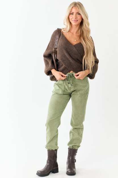 Walnut Crossover V Neck Puff Sleeve Sweater 