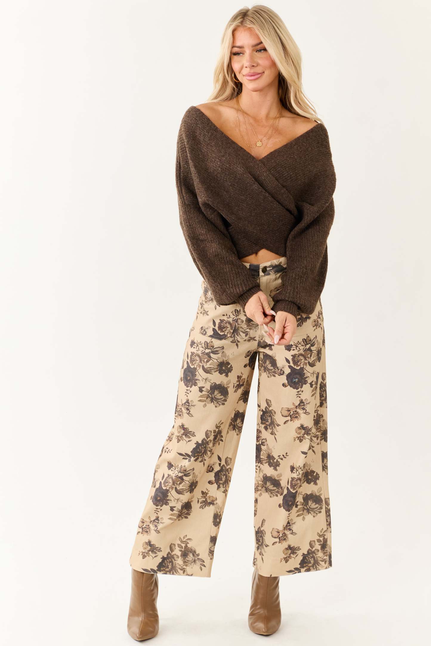 Walnut Crossover V Neck Puff Sleeve Sweater 
