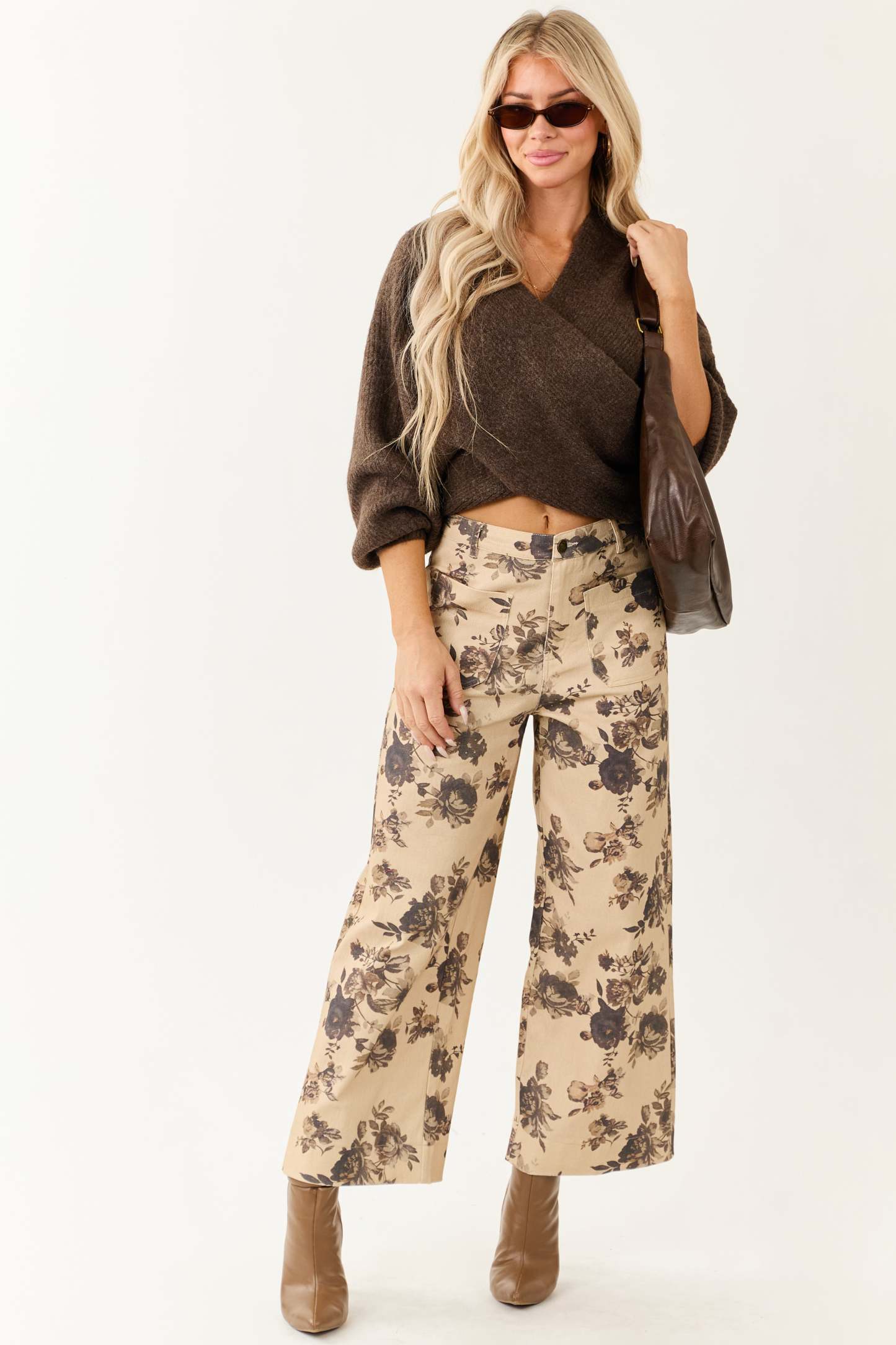 Walnut Crossover V Neck Puff Sleeve Sweater 