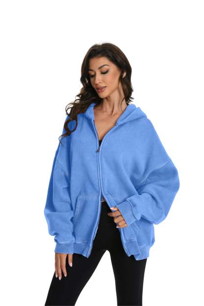 Couples Double Zip Up Oversized Acid Wash Hoodie