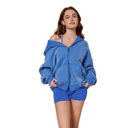 Couples Double Zip Up Oversized Acid Wash Hoodie