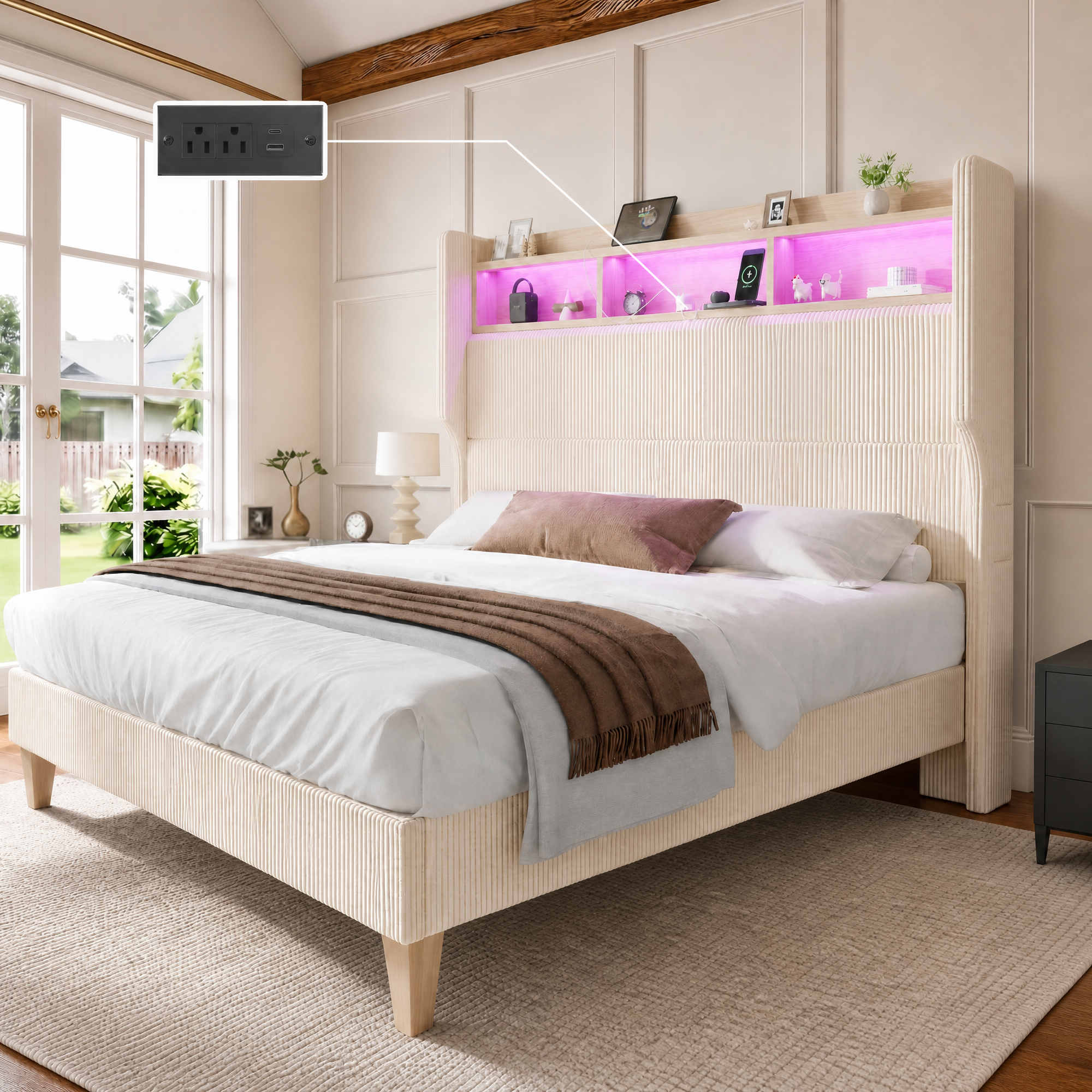 HOMRELEXA Full Size Girls Bed Frame with 51" Tall Headboard, LED Lights & Charging Station, Corduroy Upholstered Platform Bed with Storage Shelf, No Box Spring Needed,