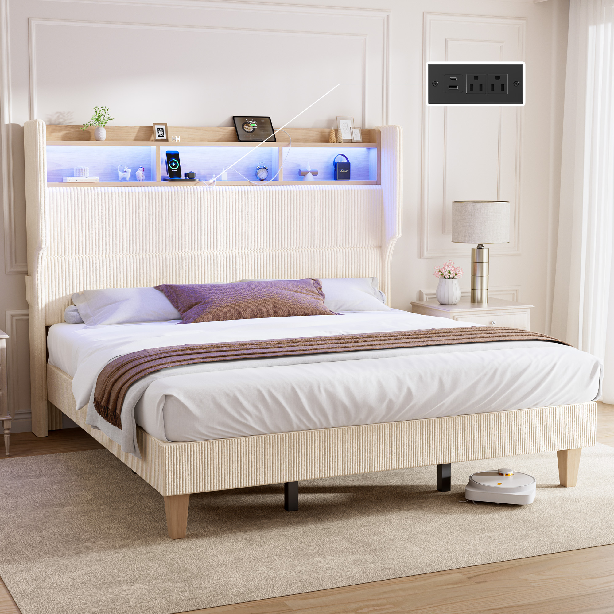 HOMRELEXA Full Size Girls Bed Frame with 51" Tall Headboard, LED Lights & Charging Station, Corduroy Upholstered Platform Bed with Storage Shelf, No Box Spring Needed,