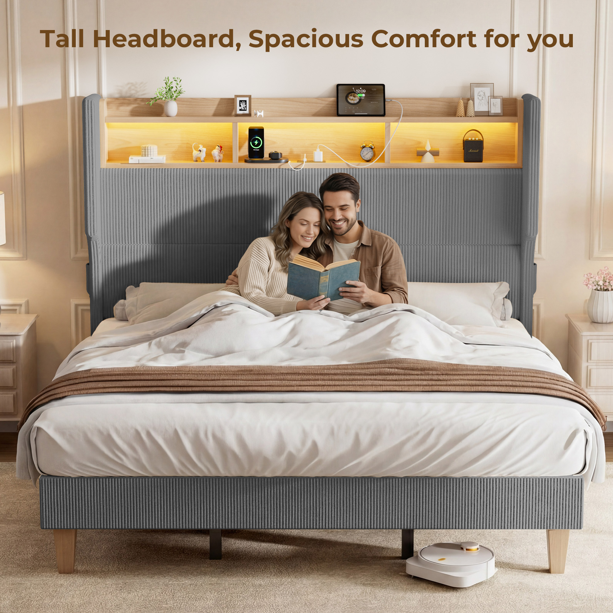 HOMRELEXA Full Size Girls Bed Frame with 51" Tall Headboard, LED Lights & Charging Station, Corduroy Upholstered Platform Bed with Storage Shelf, No Box Spring Needed,