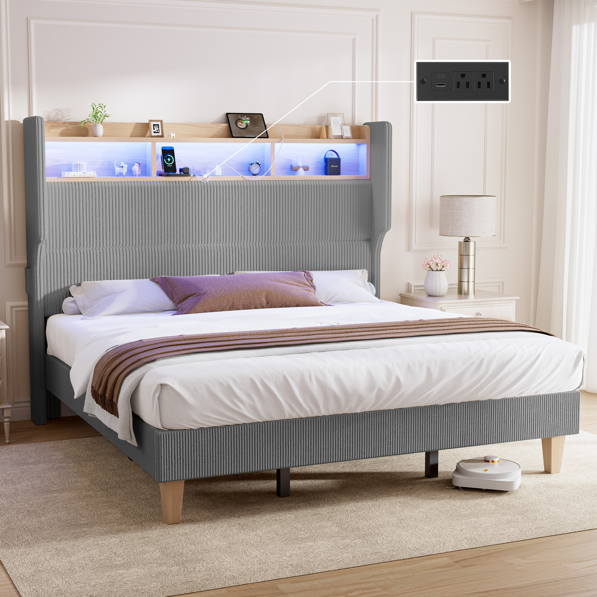 HOMRELEXA Full Size Girls Bed Frame with 51" Tall Headboard, LED Lights & Charging Station, Corduroy Upholstered Platform Bed with Storage Shelf, No Box Spring Needed,