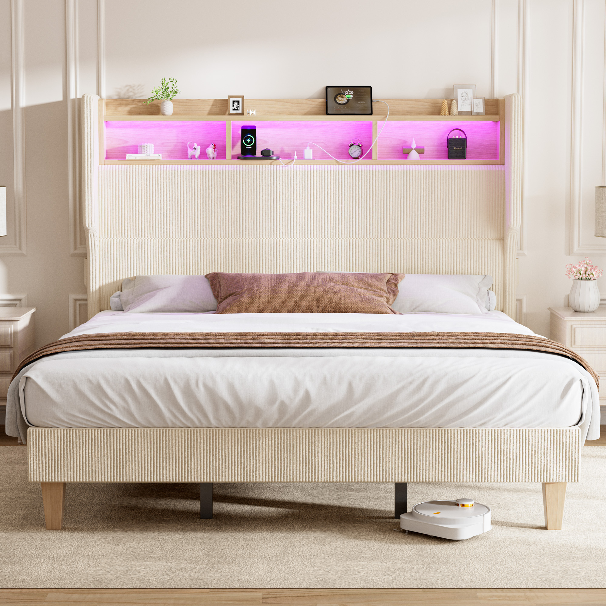 HOMRELEXA Full Size Girls Bed Frame with 51" Tall Headboard, LED Lights & Charging Station, Corduroy Upholstered Platform Bed with Storage Shelf, No Box Spring Needed,