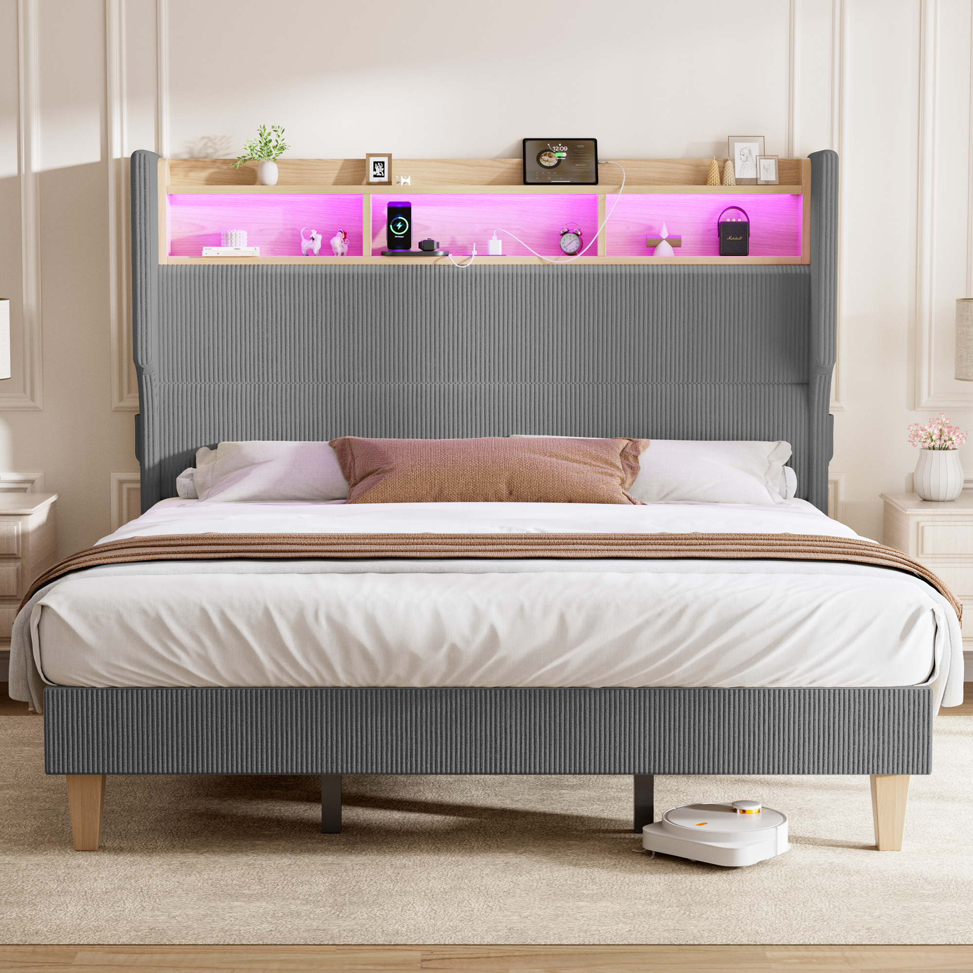HOMRELEXA Full Size Girls Bed Frame with 51" Tall Headboard, LED Lights & Charging Station, Corduroy Upholstered Platform Bed with Storage Shelf, No Box Spring Needed,