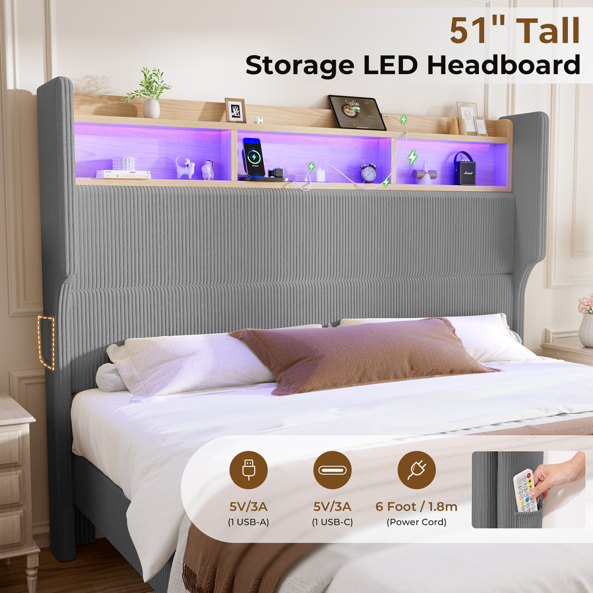 HOMRELEXA Full Size Girls Bed Frame with 51" Tall Headboard, LED Lights & Charging Station, Corduroy Upholstered Platform Bed with Storage Shelf, No Box Spring Needed,