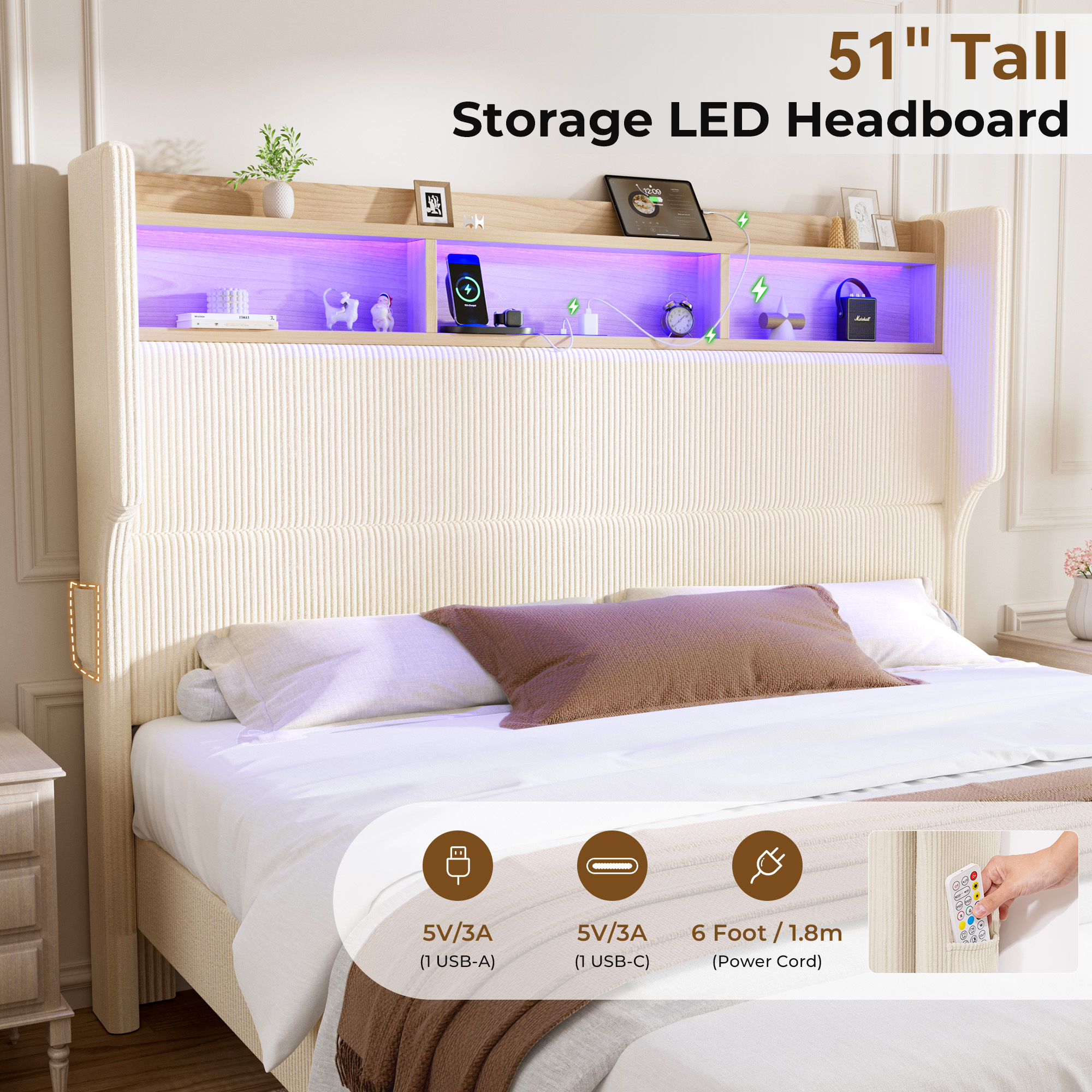 HOMRELEXA Full Size Girls Bed Frame with 51" Tall Headboard, LED Lights & Charging Station, Corduroy Upholstered Platform Bed with Storage Shelf, No Box Spring Needed,