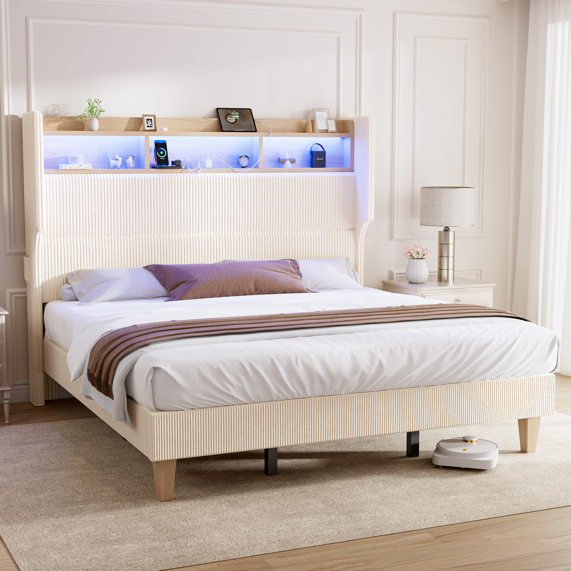 HOMRELEXA Full Size Girls Bed Frame with 51" Tall Headboard, LED Lights & Charging Station, Corduroy Upholstered Platform Bed with Storage Shelf, No Box Spring Needed,