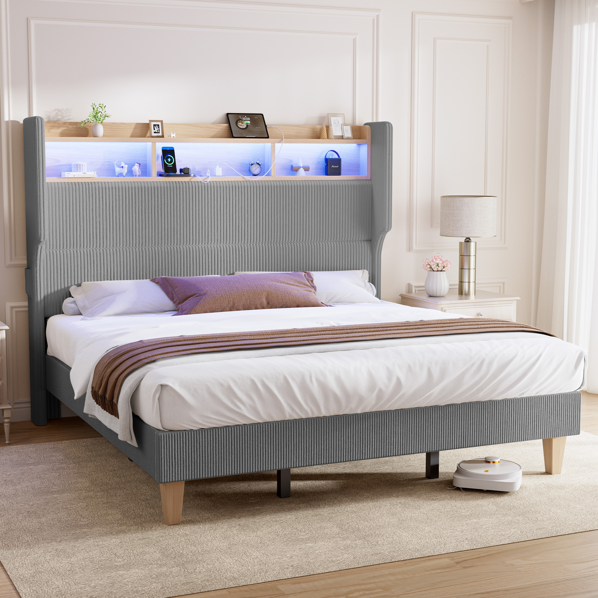HOMRELEXA Full Size Girls Bed Frame with 51" Tall Headboard, LED Lights & Charging Station, Corduroy Upholstered Platform Bed with Storage Shelf, No Box Spring Needed,