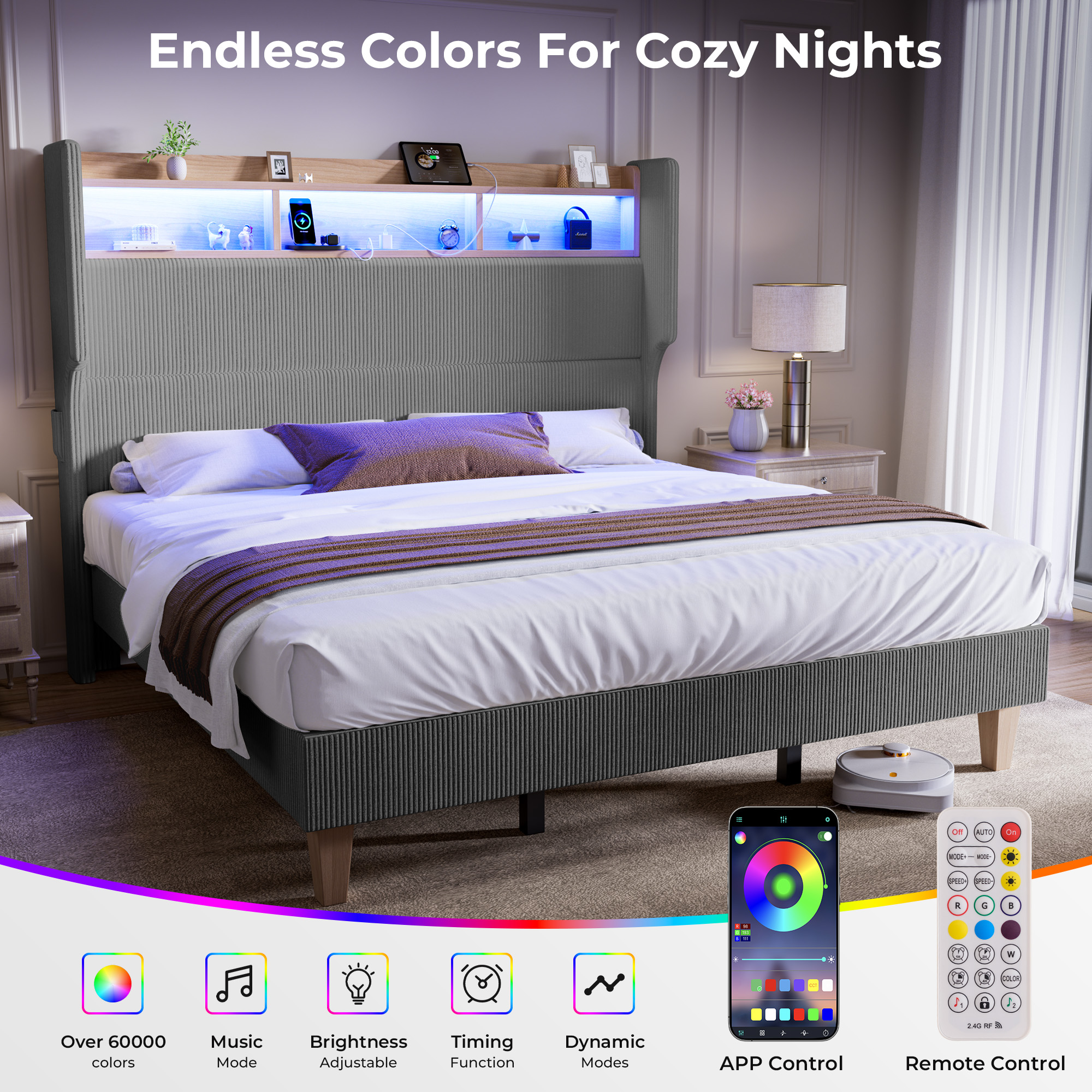 HOMRELEXA Full Size Girls Bed Frame with 51" Tall Headboard, LED Lights & Charging Station, Corduroy Upholstered Platform Bed with Storage Shelf, No Box Spring Needed,