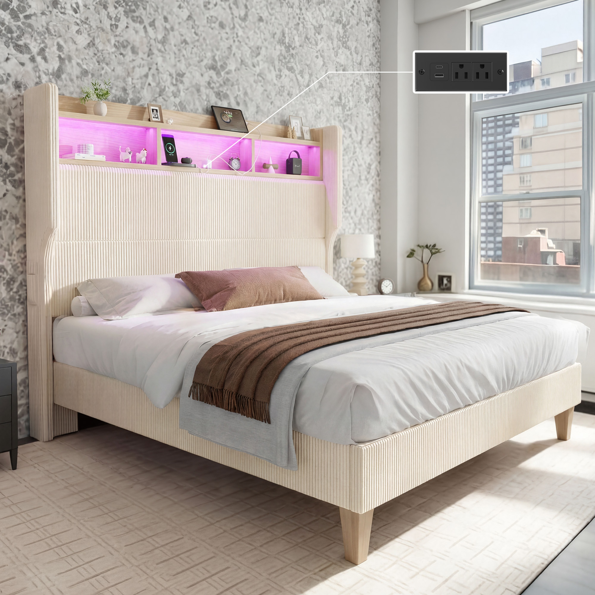 HOMRELEXA Full Size Girls Bed Frame with 51" Tall Headboard, LED Lights & Charging Station, Corduroy Upholstered Platform Bed with Storage Shelf, No Box Spring Needed,