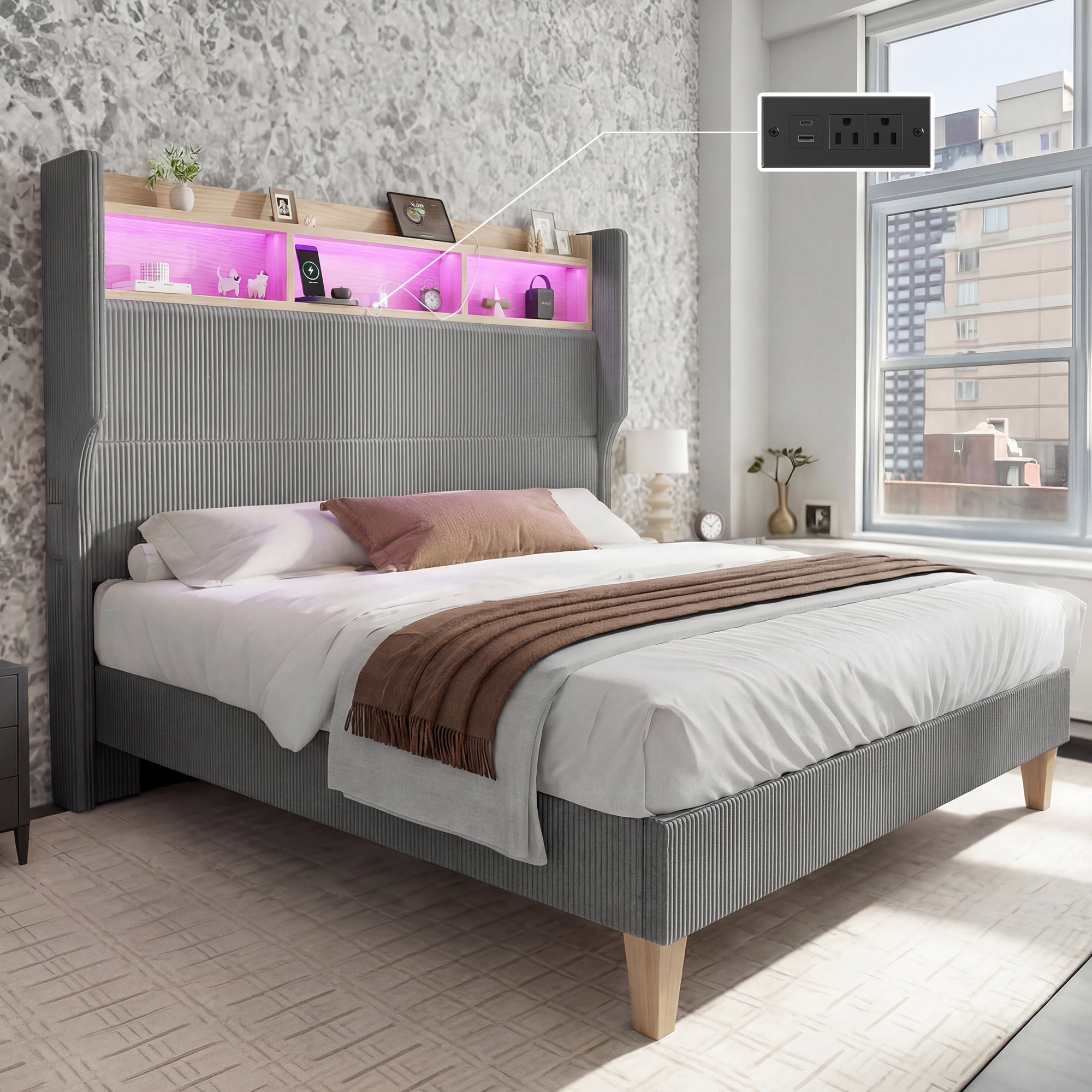 HOMRELEXA Full Size Girls Bed Frame with 51" Tall Headboard, LED Lights & Charging Station, Corduroy Upholstered Platform Bed with Storage Shelf, No Box Spring Needed,