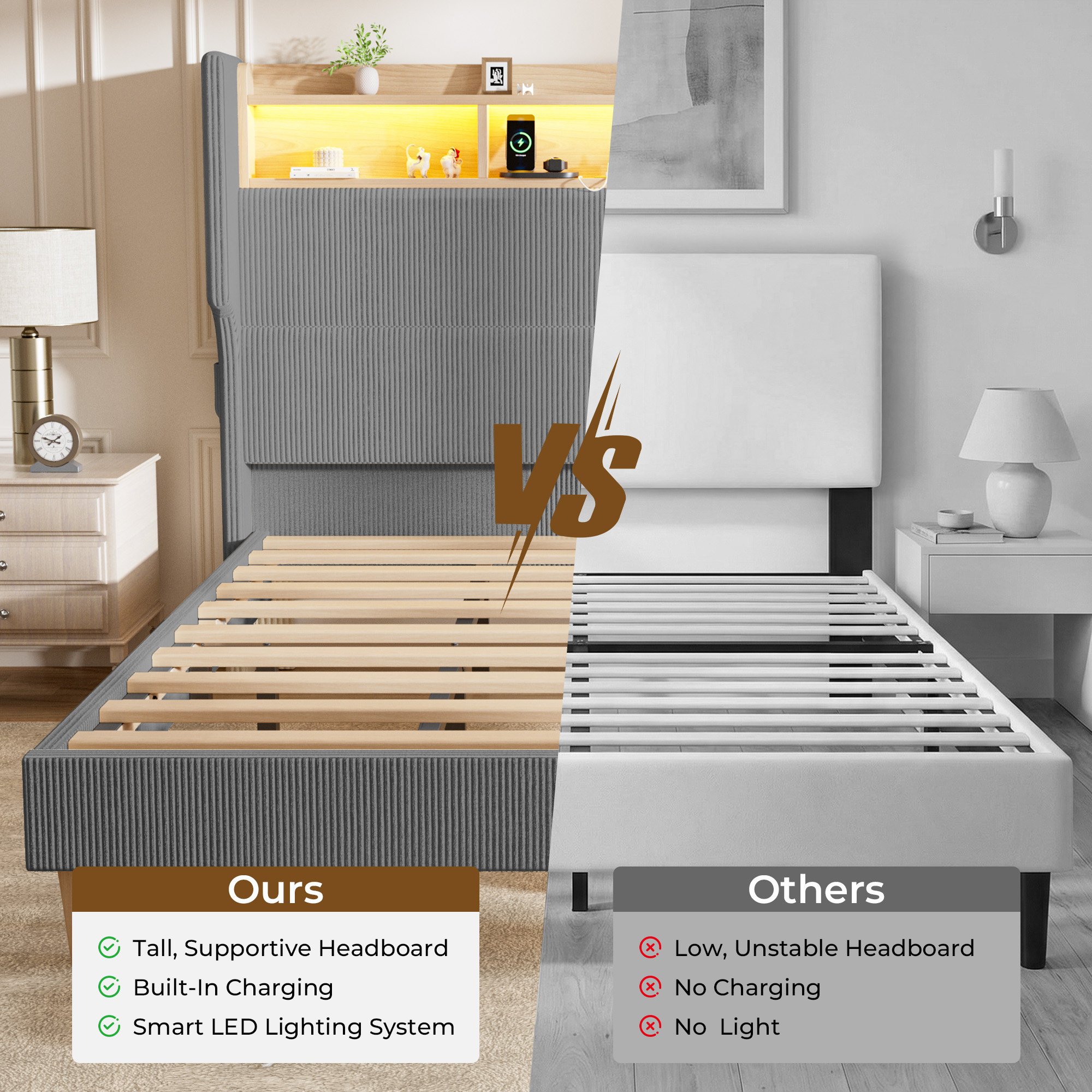 HOMRELEXA Full Size Girls Bed Frame with 51" Tall Headboard, LED Lights & Charging Station, Corduroy Upholstered Platform Bed with Storage Shelf, No Box Spring Needed,