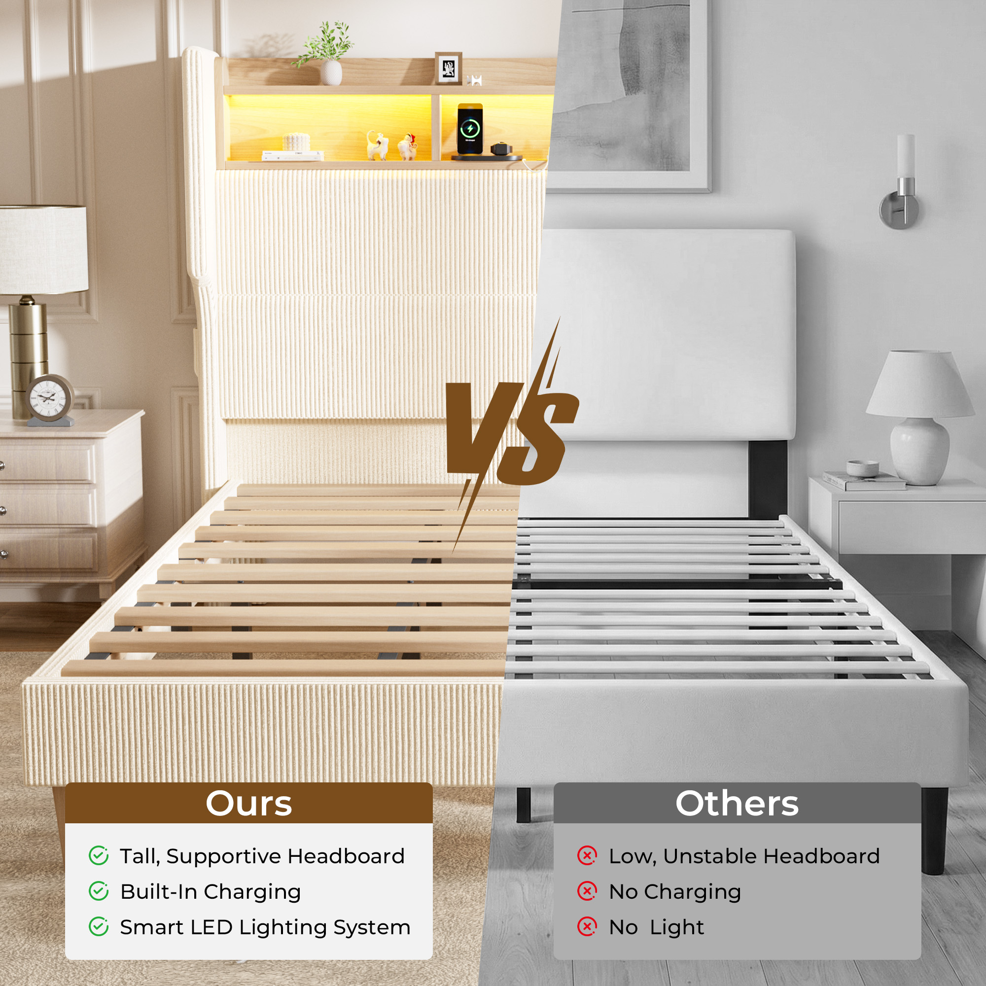 HOMRELEXA Full Size Girls Bed Frame with 51" Tall Headboard, LED Lights & Charging Station, Corduroy Upholstered Platform Bed with Storage Shelf, No Box Spring Needed,