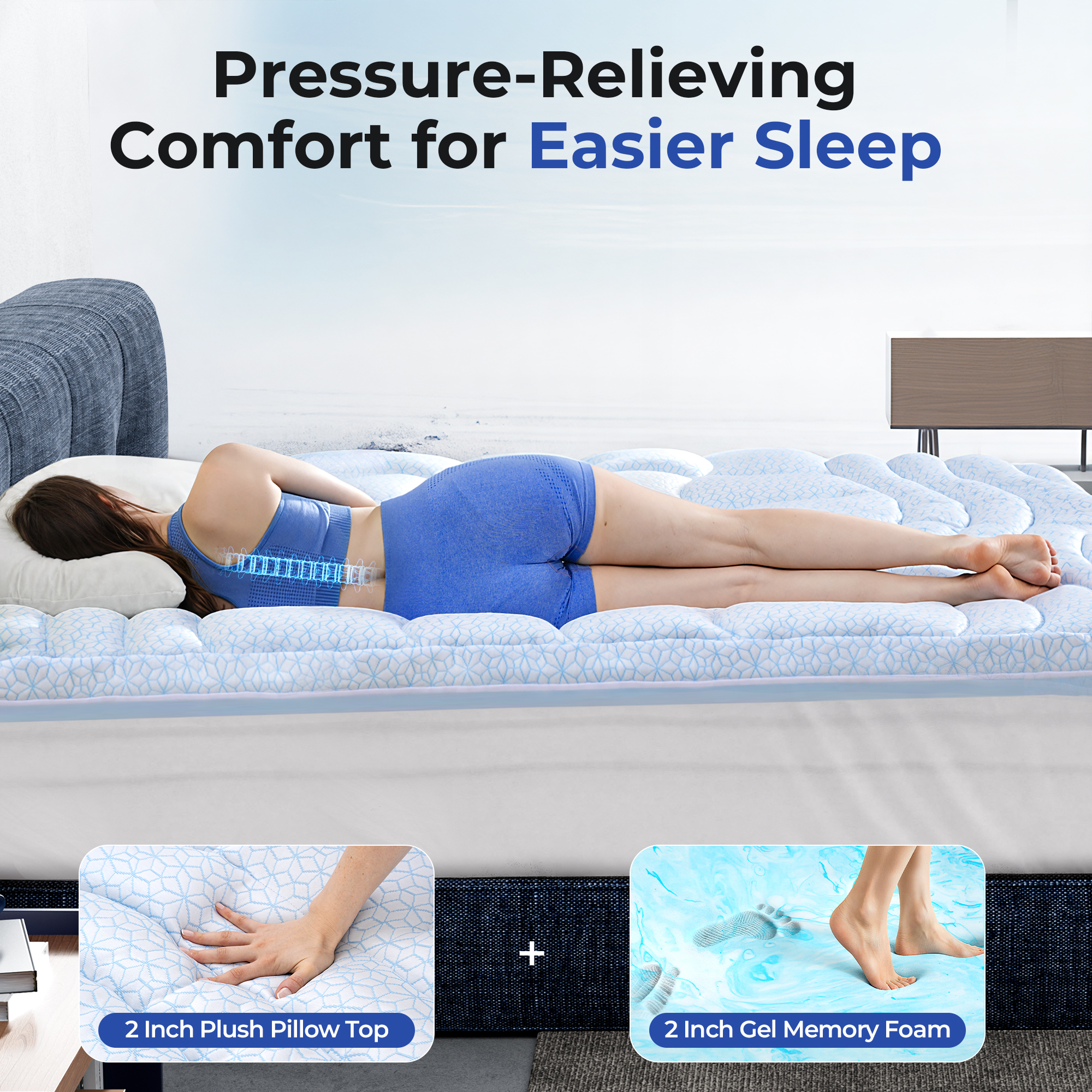 HOMRELEXA Dual Layer 4 Inch Cooling Memory Foam Mattress Topper Full Size, 2 Inch Thick Soft Quilted Ice Silk Pillow Top Cover Plus 2 Inch Gel Memory Foam Mattress Pad for Back Pain Relief