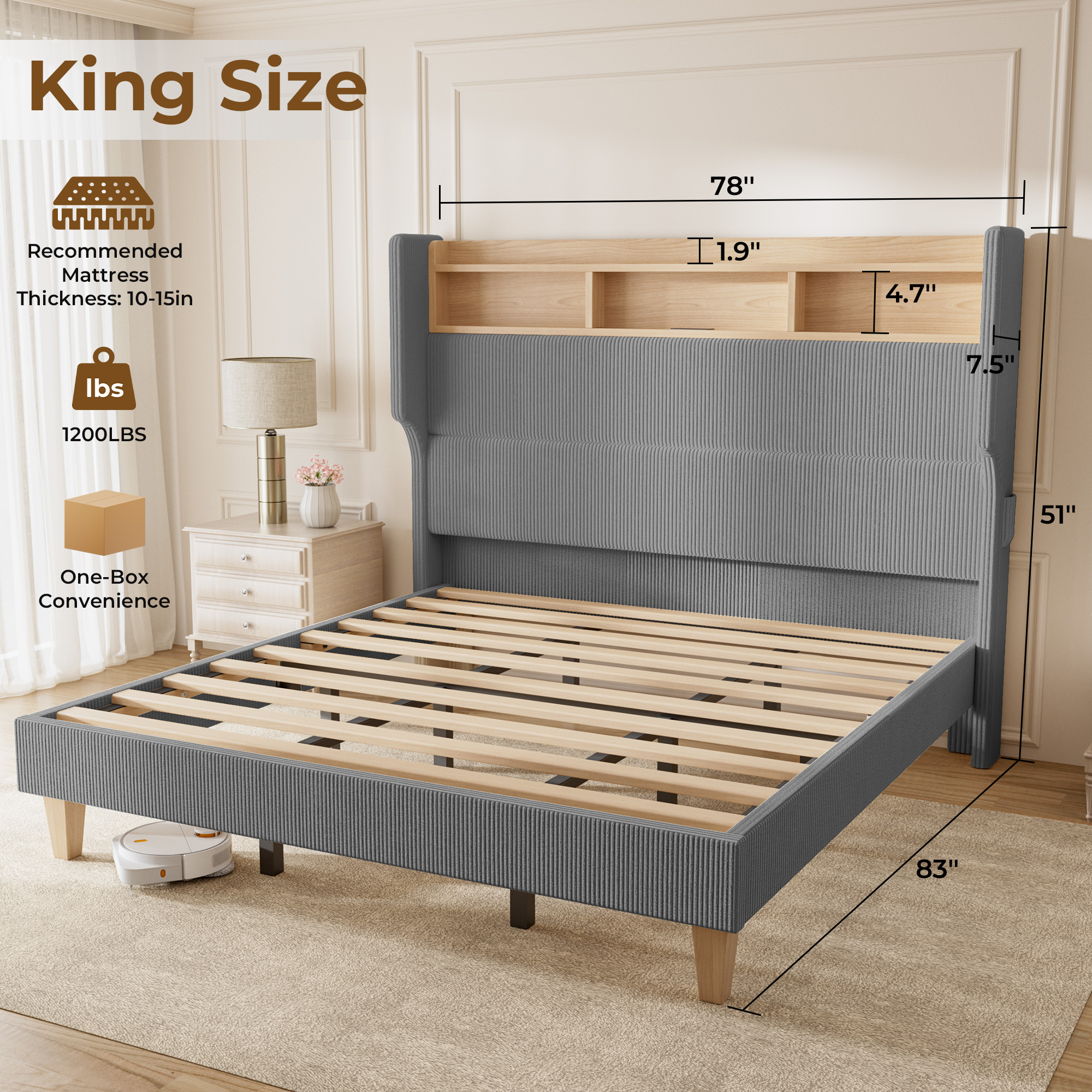 HOMRELEXA Full Size Girls Bed Frame with 51" Tall Headboard, LED Lights & Charging Station, Corduroy Upholstered Platform Bed with Storage Shelf, No Box Spring Needed,
