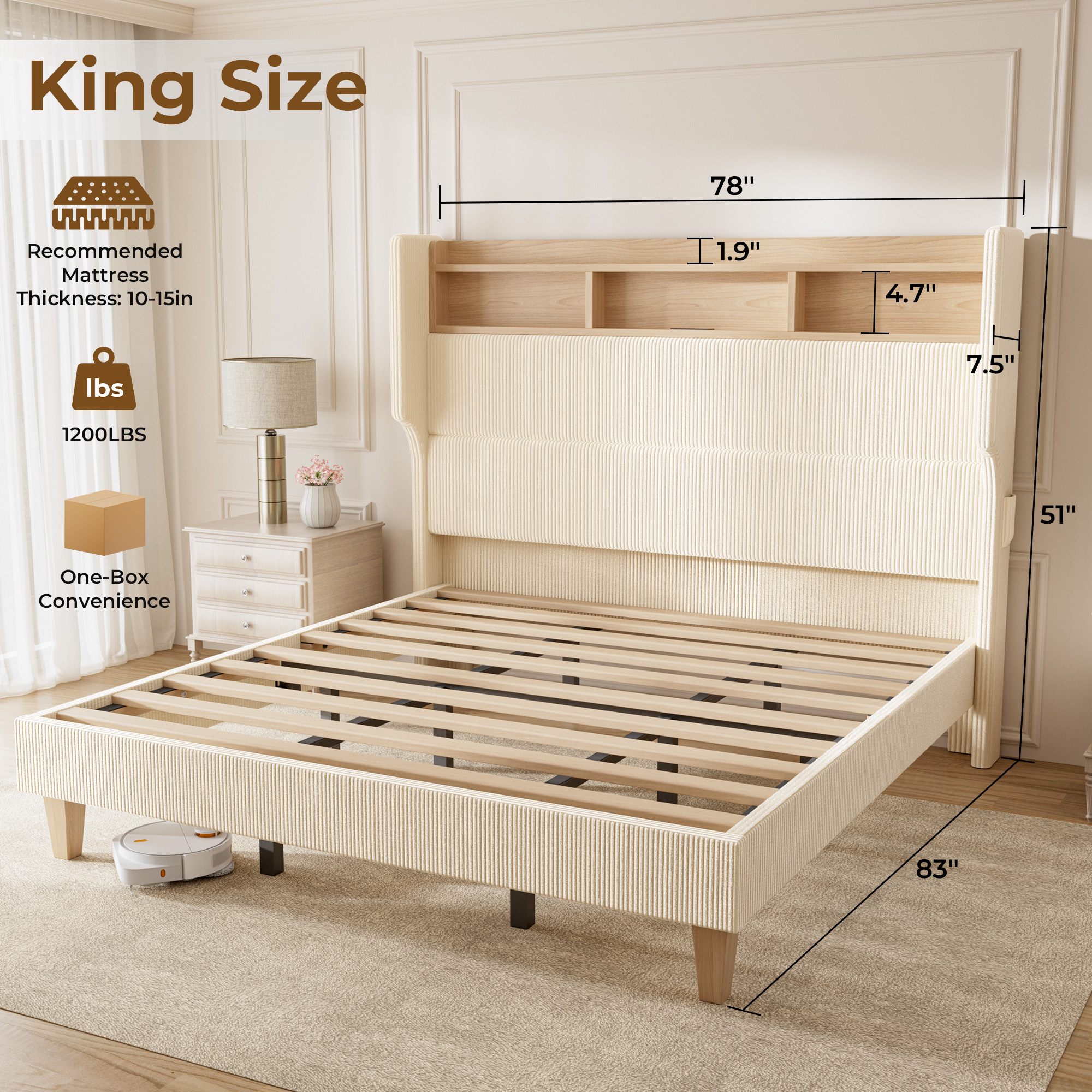 HOMRELEXA Full Size Girls Bed Frame with 51" Tall Headboard, LED Lights & Charging Station, Corduroy Upholstered Platform Bed with Storage Shelf, No Box Spring Needed,