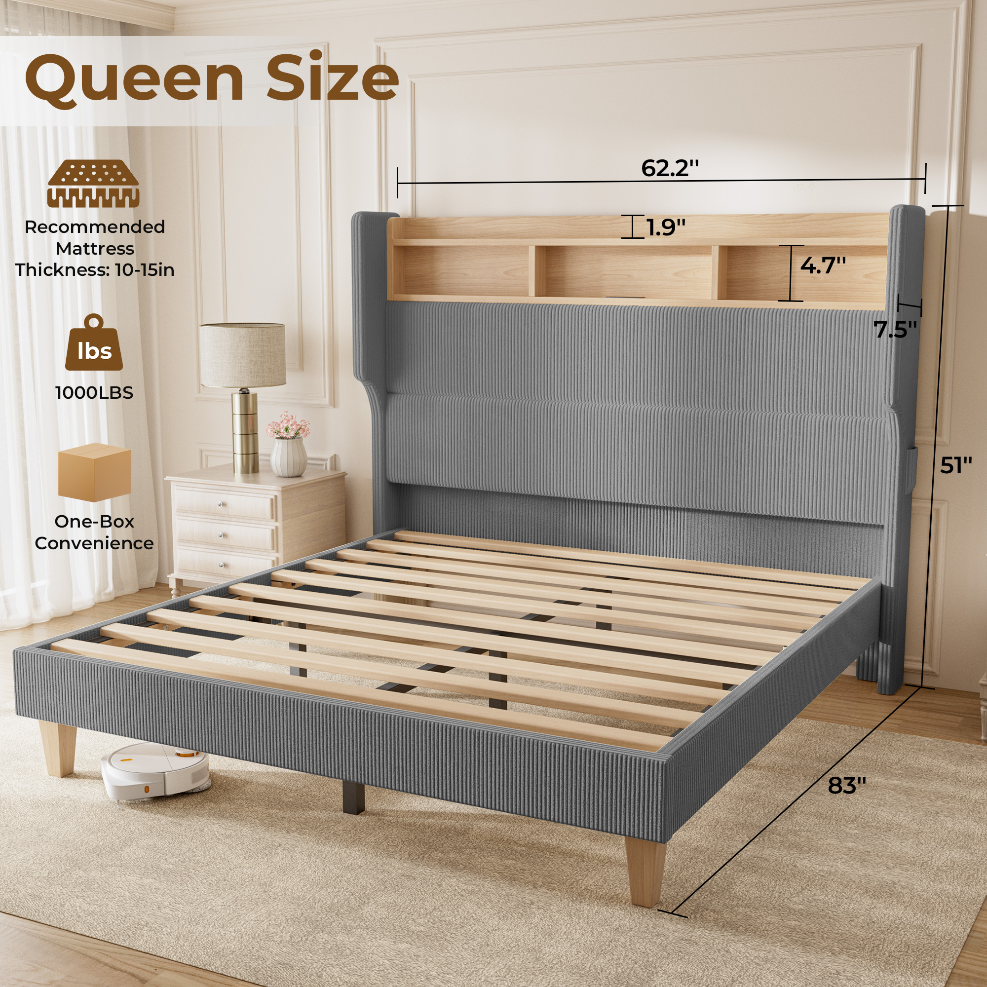HOMRELEXA Full Size Girls Bed Frame with 51" Tall Headboard, LED Lights & Charging Station, Corduroy Upholstered Platform Bed with Storage Shelf, No Box Spring Needed,