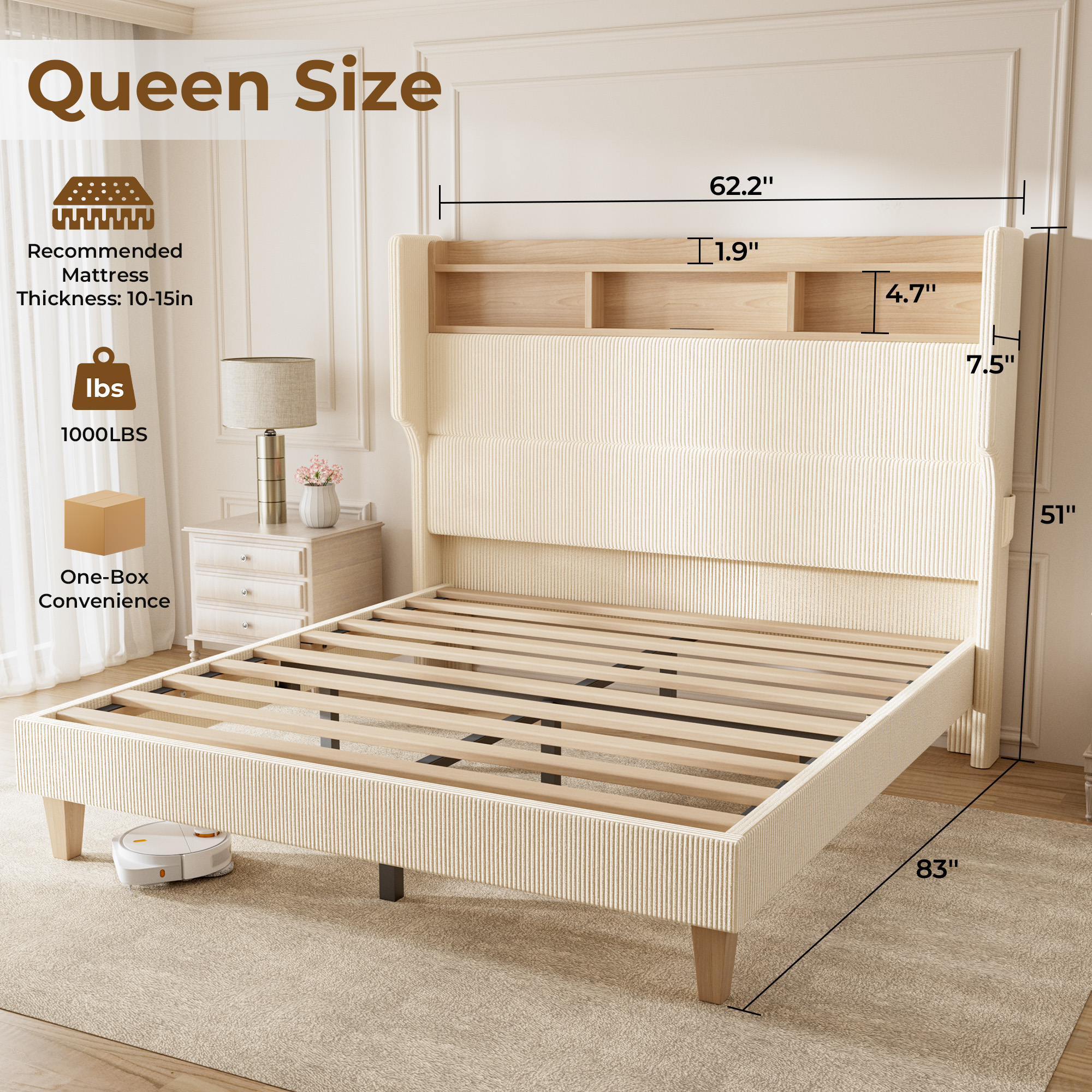 HOMRELEXA Full Size Girls Bed Frame with 51" Tall Headboard, LED Lights & Charging Station, Corduroy Upholstered Platform Bed with Storage Shelf, No Box Spring Needed,