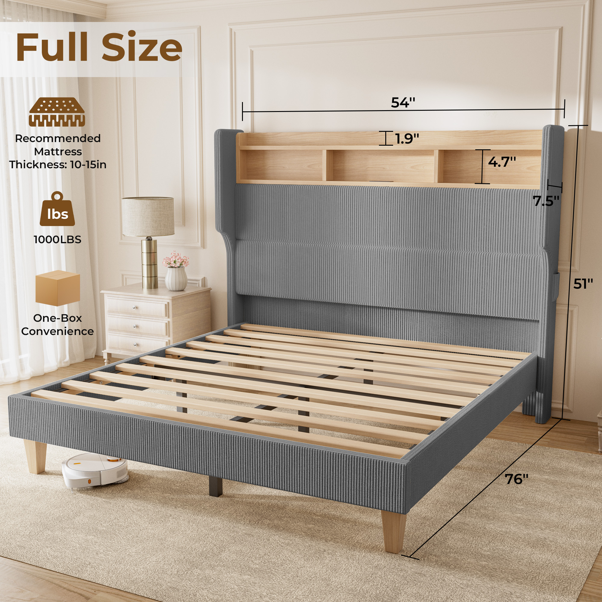 HOMRELEXA Full Size Girls Bed Frame with 51" Tall Headboard, LED Lights & Charging Station, Corduroy Upholstered Platform Bed with Storage Shelf, No Box Spring Needed,