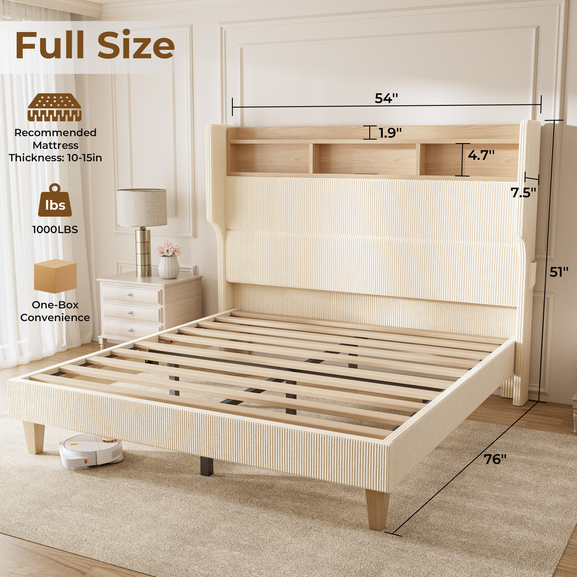 HOMRELEXA Full Size Girls Bed Frame with 51" Tall Headboard, LED Lights & Charging Station, Corduroy Upholstered Platform Bed with Storage Shelf, No Box Spring Needed,