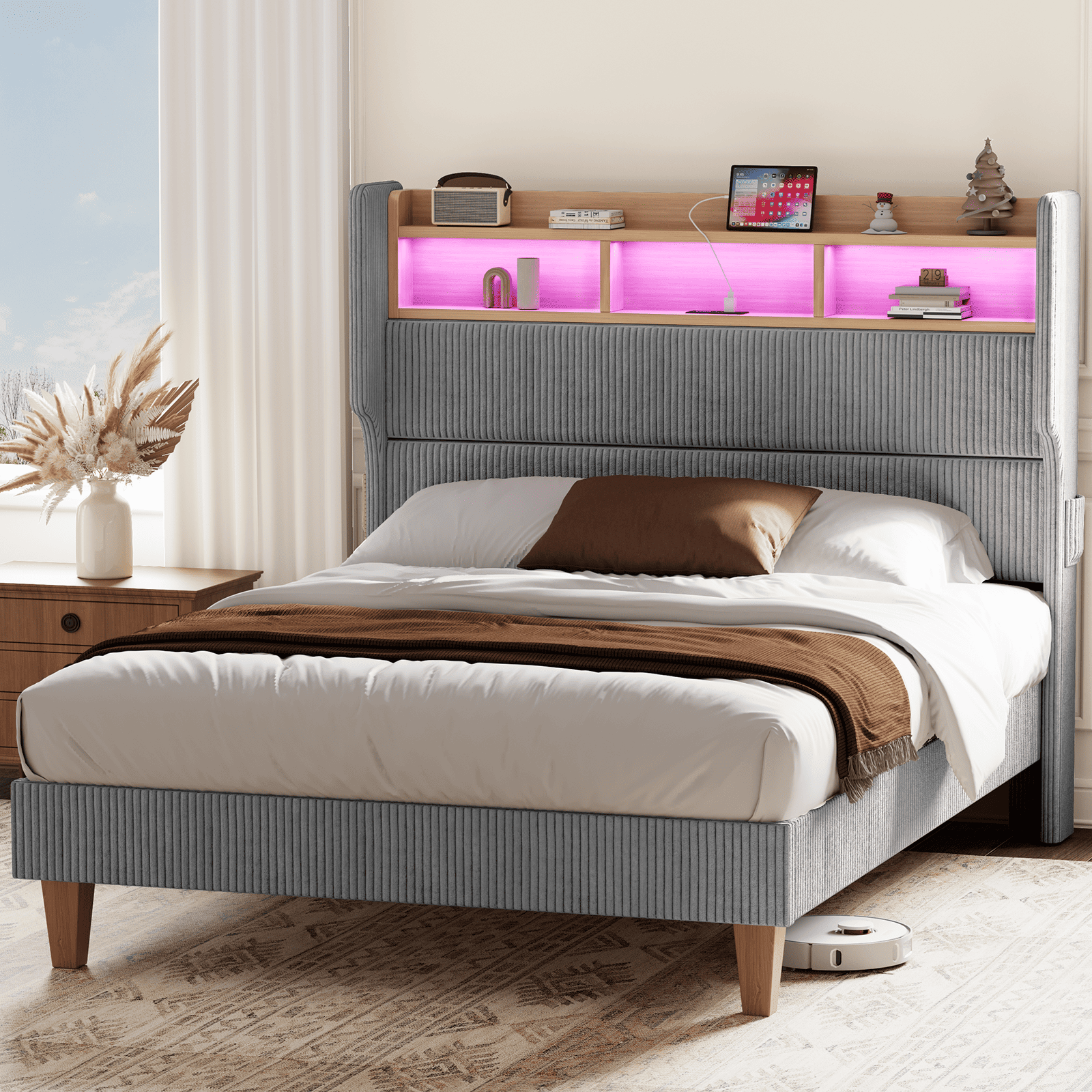LED Light Headboard with Storage Shelves