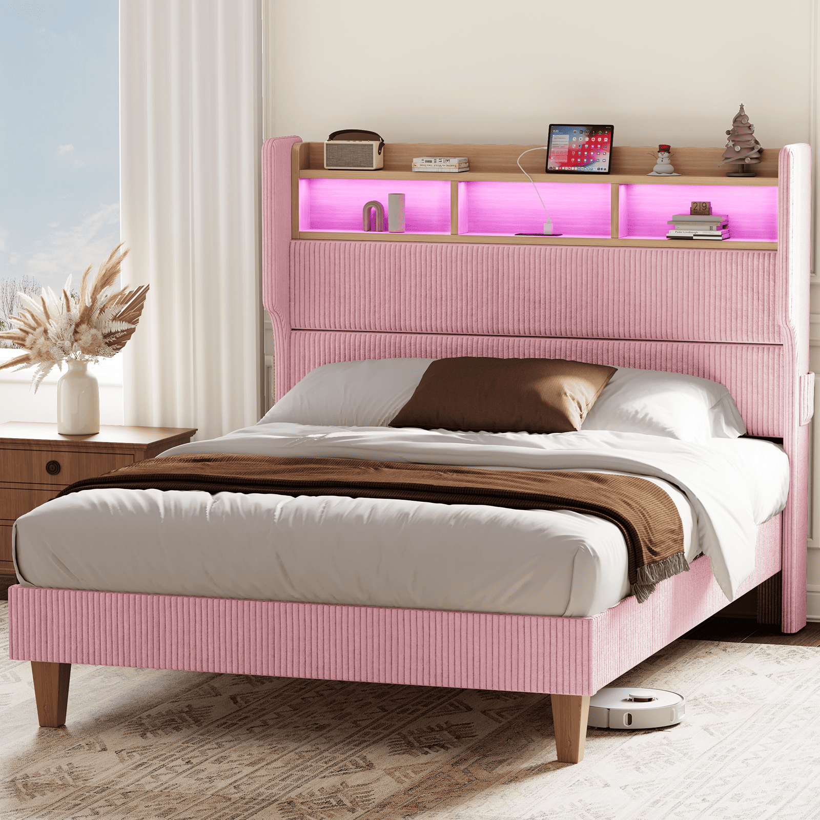 LED Light Headboard with Storage Shelves