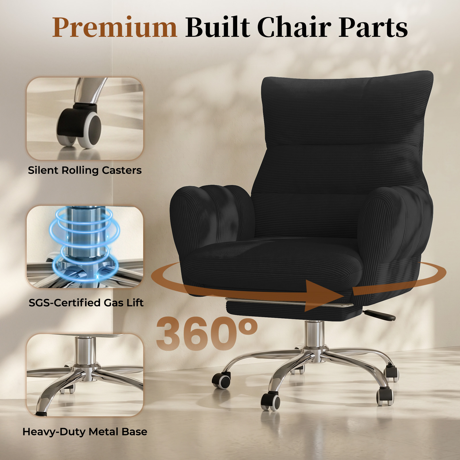 HOMRELEXA Cross Legged Office Chair, Cloud Desk Chair with Flip-Up Arm Rests, Foot rest, Wide Seat, Comfy Executive Ergonomic Computer Gaming Chair, Black