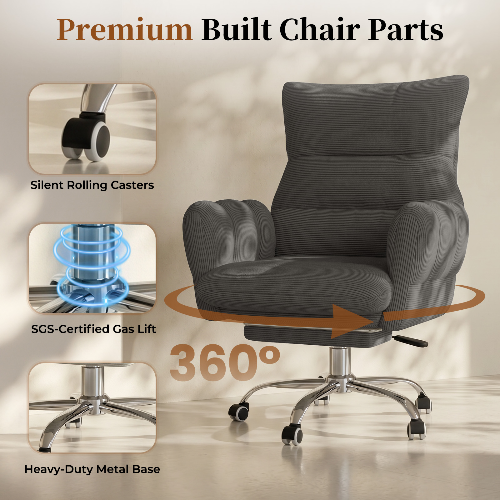 HOMRELEXA Cross Legged Office Chair, Cloud Desk Chair with Flip-Up Arm Rests, Foot rest, Wide Seat, Comfy Executive Ergonomic Computer Gaming Chair, Black
