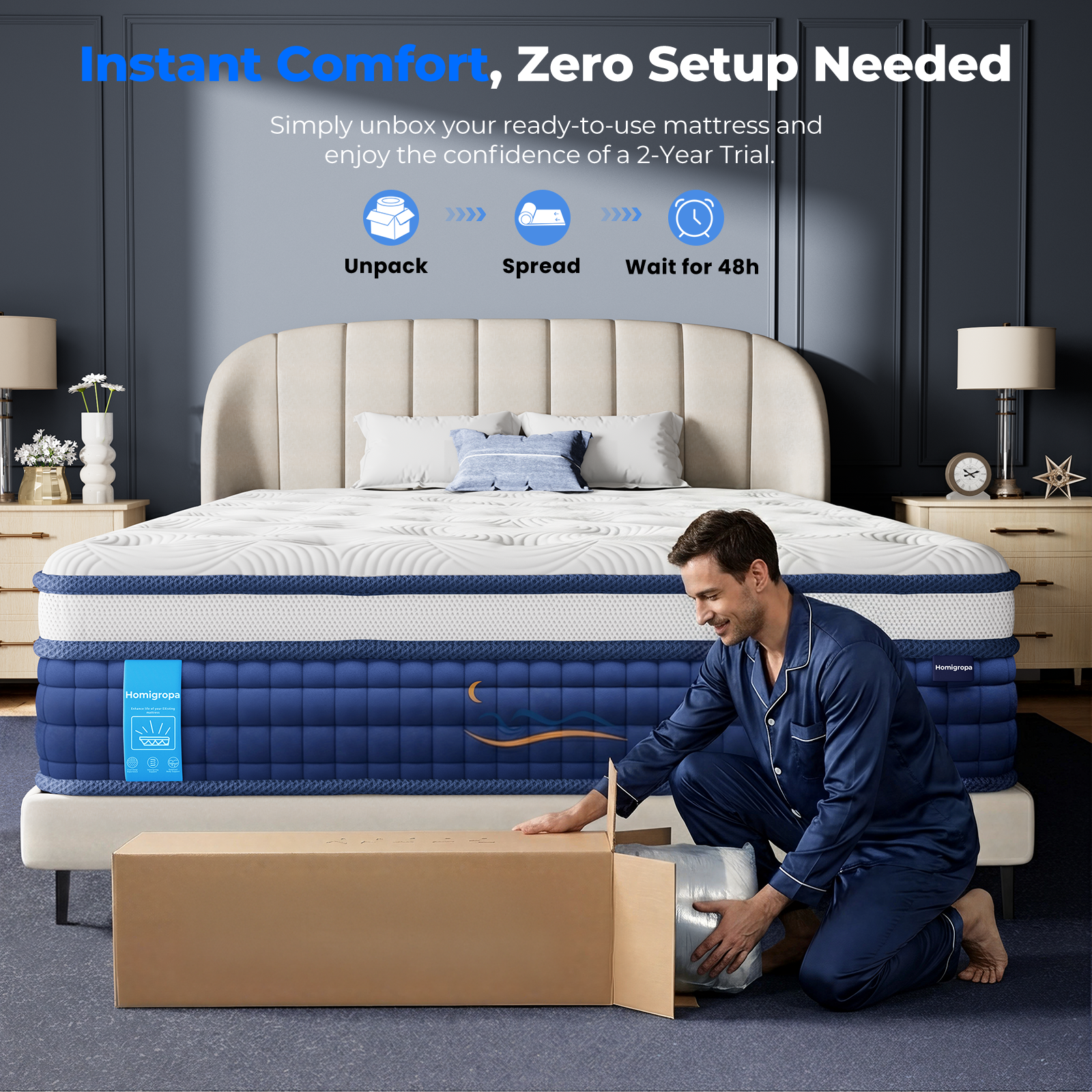 HOMiGroPa Mattress, Medium, Hybrid Mattress,Medium Support, Individually Pocketed Coils, Zoned Support & Motion Isolation, CertiPUR-US Certified