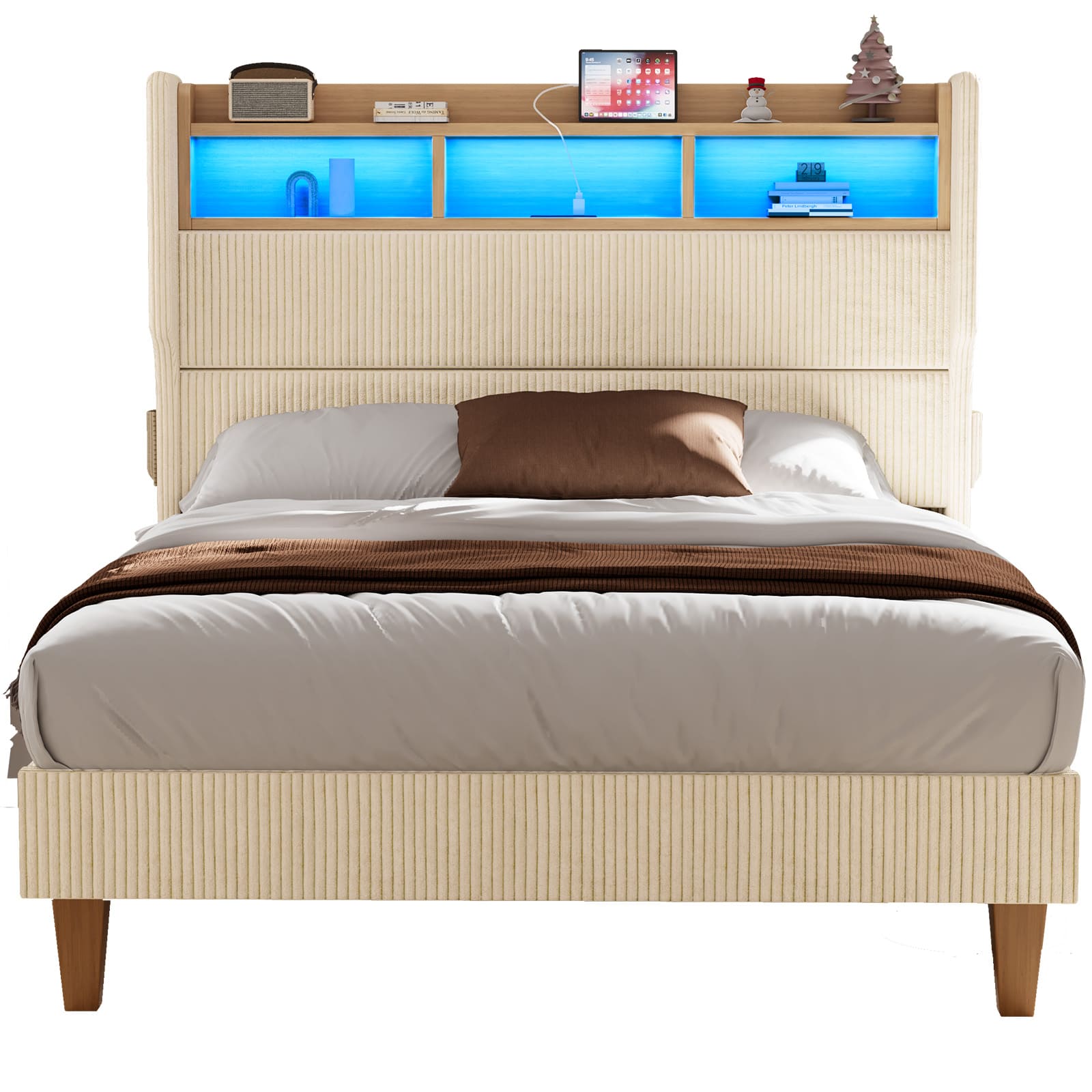 LED Light Headboard with Storage Shelves