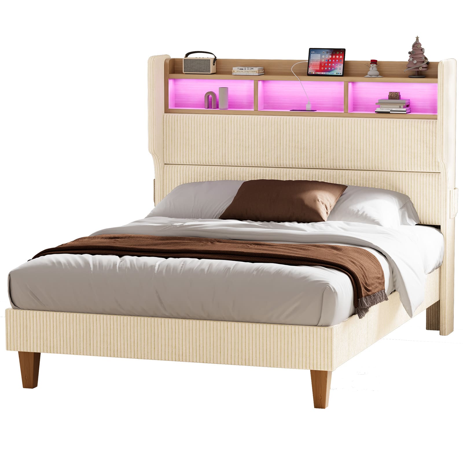 LED Light Headboard with Storage Shelves