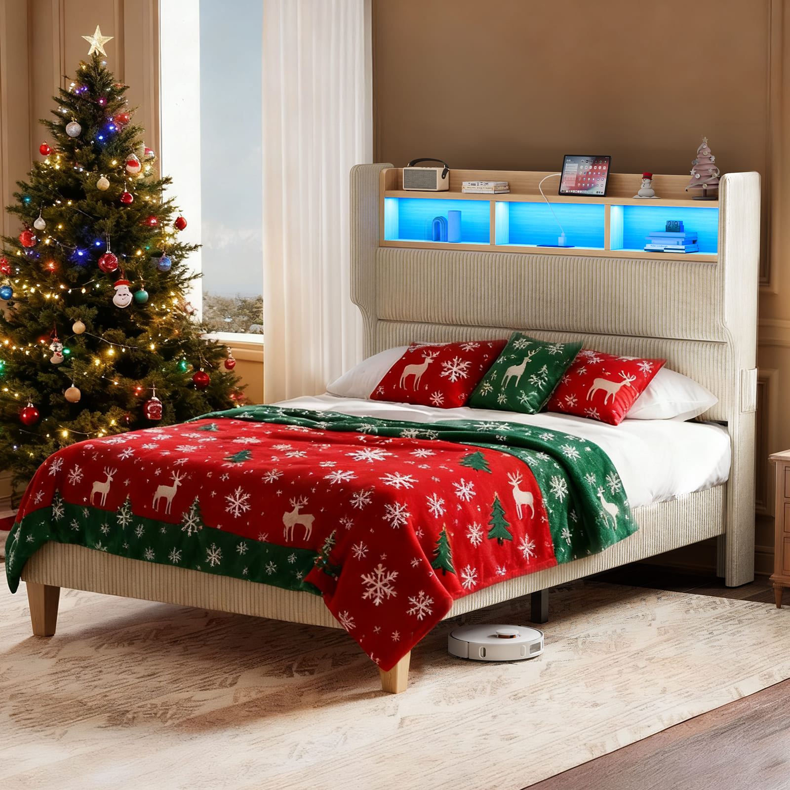 LED Light Headboard with Storage Shelves