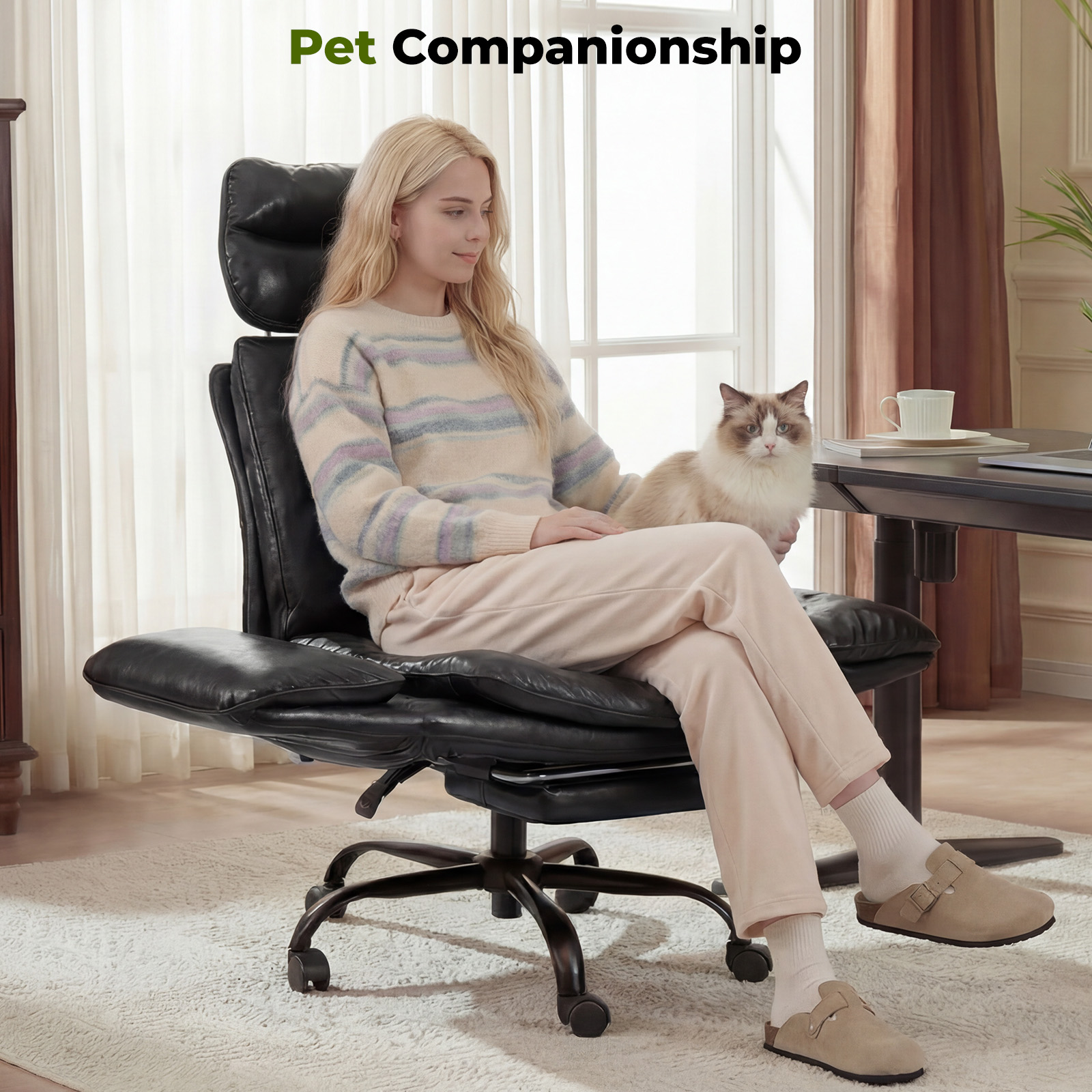 HOMRELEXA Criss Cross Office Chair with Armrests & Wheels, Comfy Big and Tall Chair, Ergonomic Executive Gaming Computer Chairs with Foot Rest, PU Leather Wide Seat Reclining Desk Chair, Black