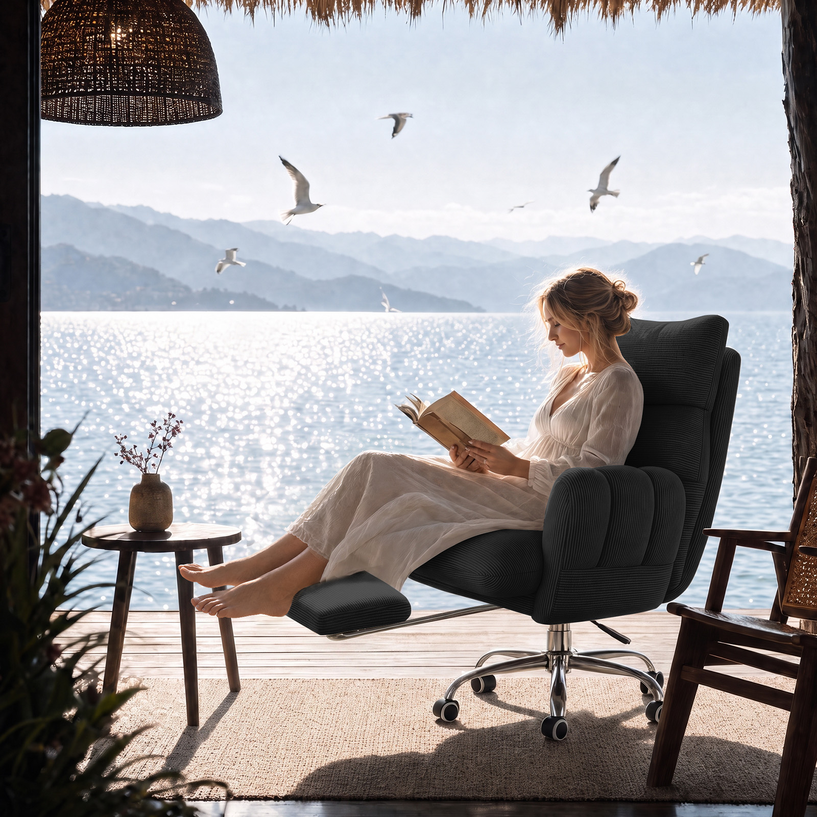 HOMRELEXA Cross Legged Office Chair, Cloud Desk Chair with Flip-Up Arm Rests, Foot rest, Wide Seat, Comfy Executive Ergonomic Computer Gaming Chair, Black