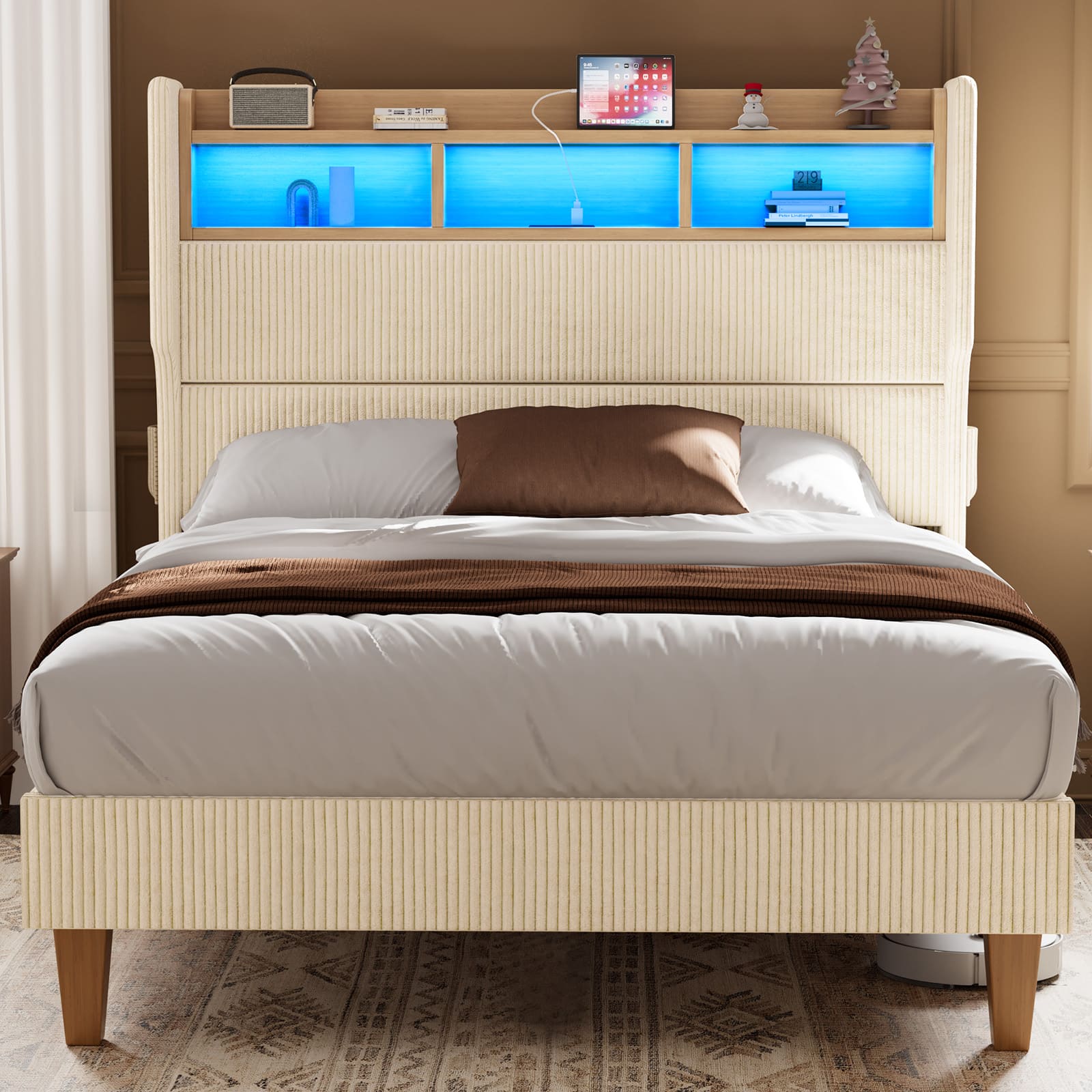 LED Light Headboard with Storage Shelves