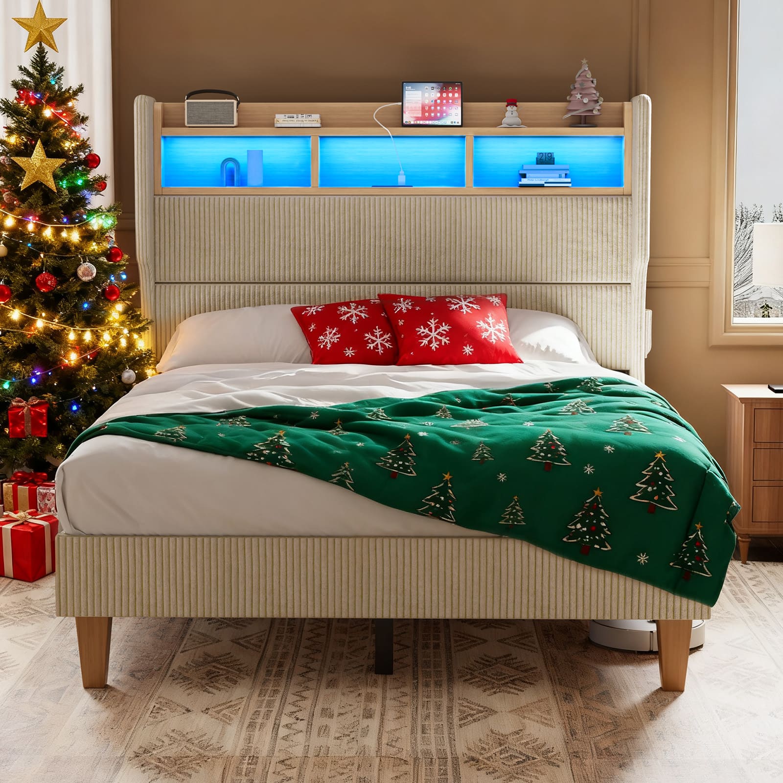 LED Light Headboard with Storage Shelves