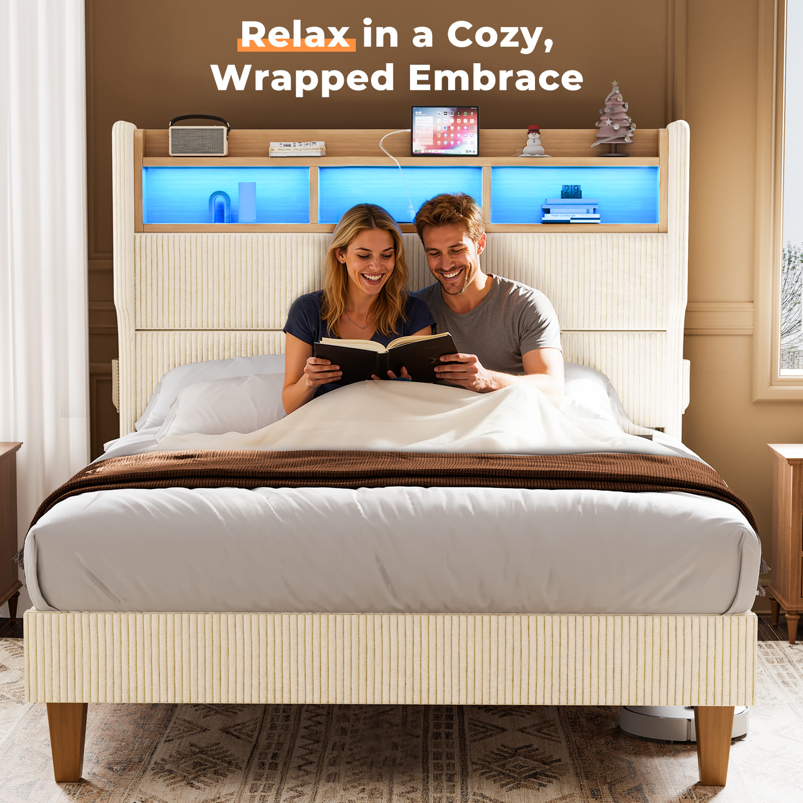 LED Light Headboard with Storage Shelves