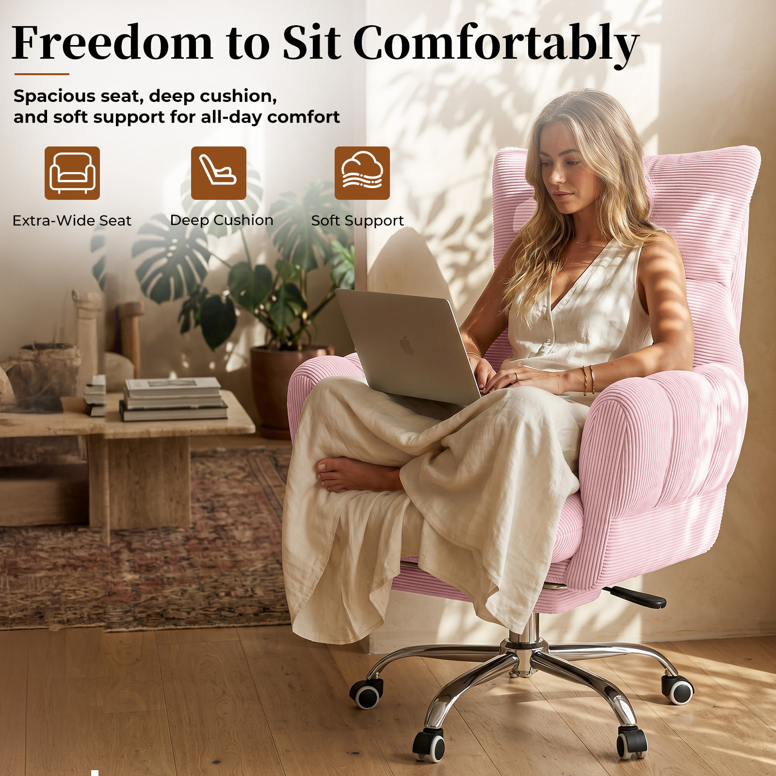 HOMRELEXA Cross Legged Office Chair, Cloud Desk Chair with Flip-Up Arm Rests, Foot rest, Wide Seat, Comfy Executive Ergonomic Computer Gaming Chair, Black
