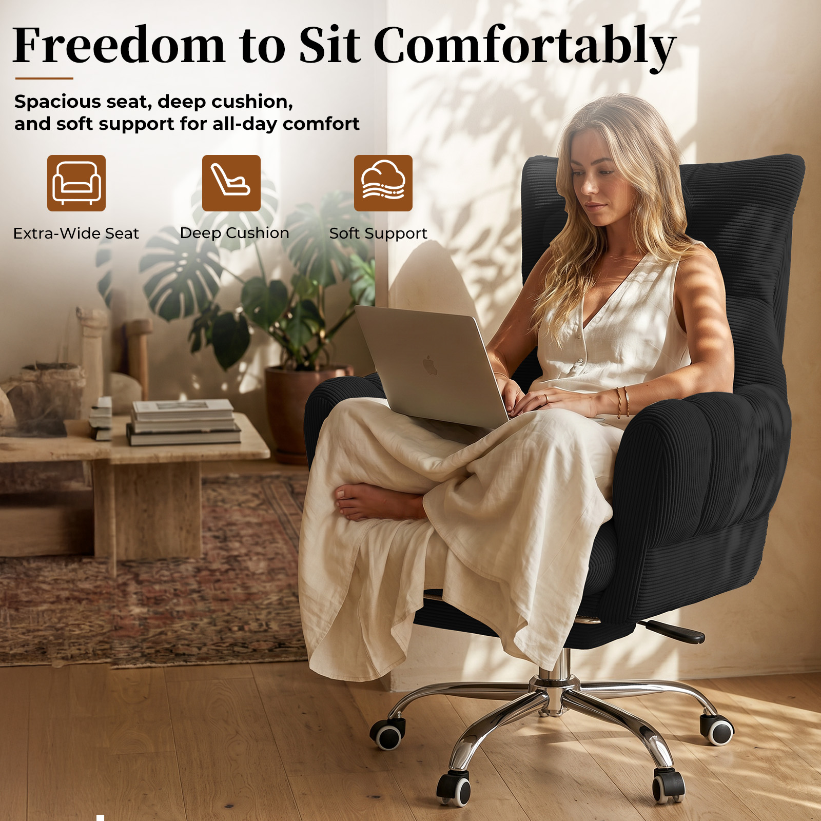 HOMRELEXA Cross Legged Office Chair, Cloud Desk Chair with Flip-Up Arm Rests, Foot rest, Wide Seat, Comfy Executive Ergonomic Computer Gaming Chair, Black