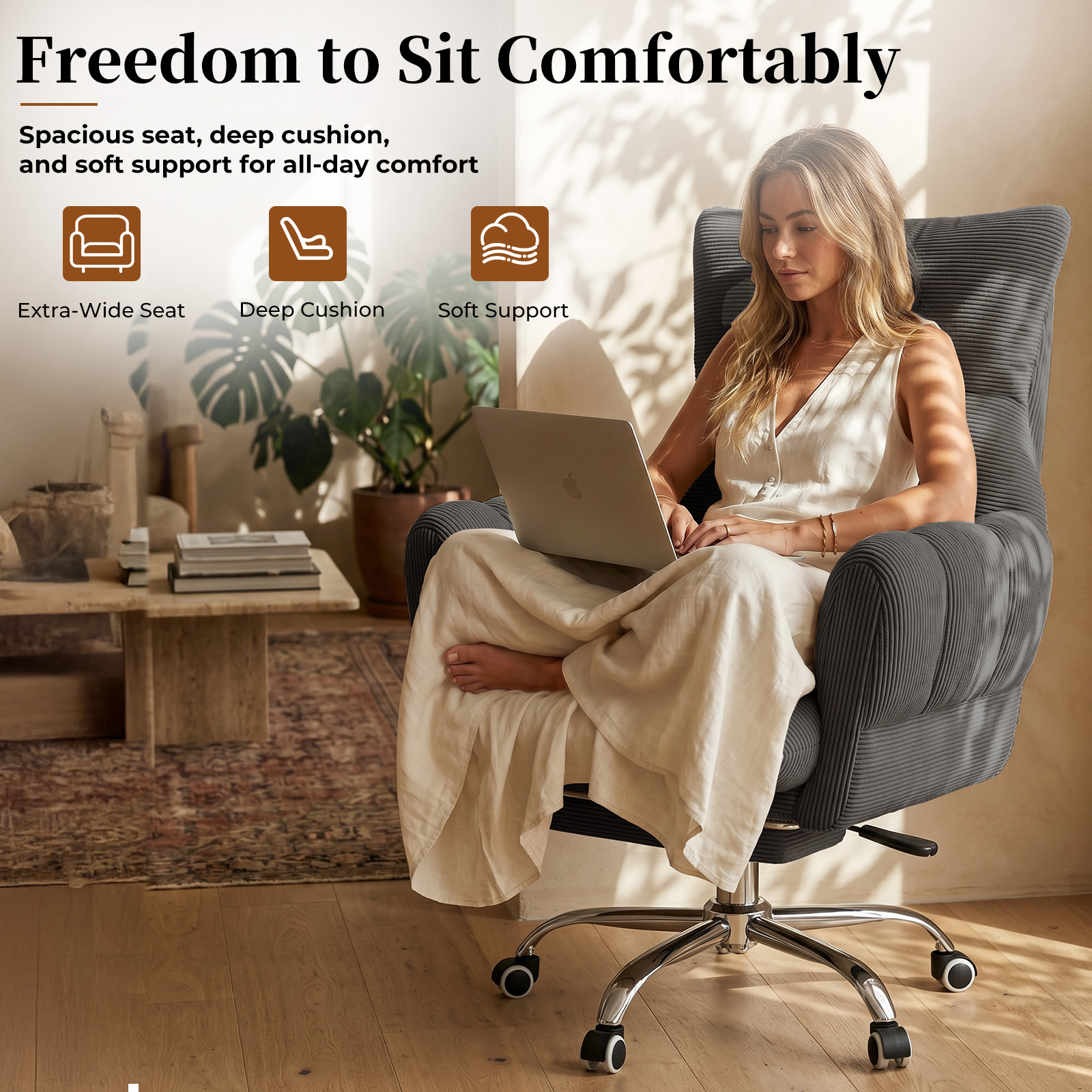 HOMRELEXA Cross Legged Office Chair, Cloud Desk Chair with Flip-Up Arm Rests, Foot rest, Wide Seat, Comfy Executive Ergonomic Computer Gaming Chair, Black