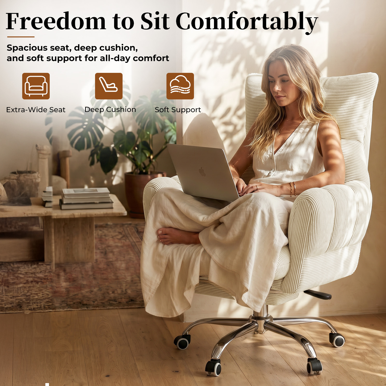 HOMRELEXA Cross Legged Office Chair, Cloud Desk Chair with Flip-Up Arm Rests, Foot rest, Wide Seat, Comfy Executive Ergonomic Computer Gaming Chair, Black