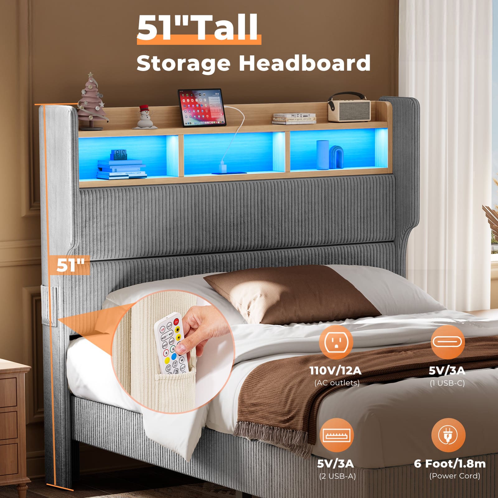 LED Light Headboard with Storage Shelves