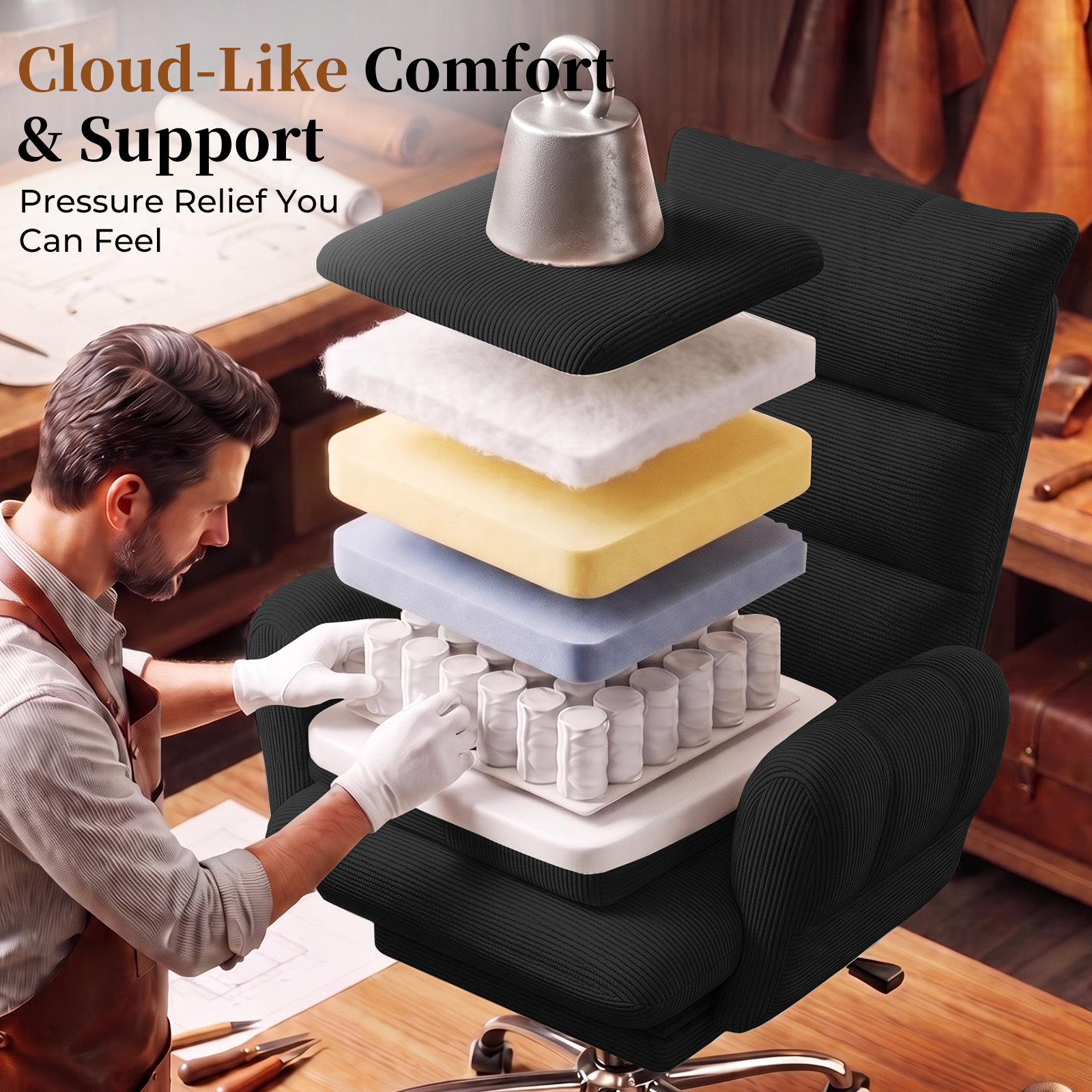 HOMRELEXA Cross Legged Office Chair, Cloud Desk Chair with Flip-Up Arm Rests, Foot rest, Wide Seat, Comfy Executive Ergonomic Computer Gaming Chair, Black