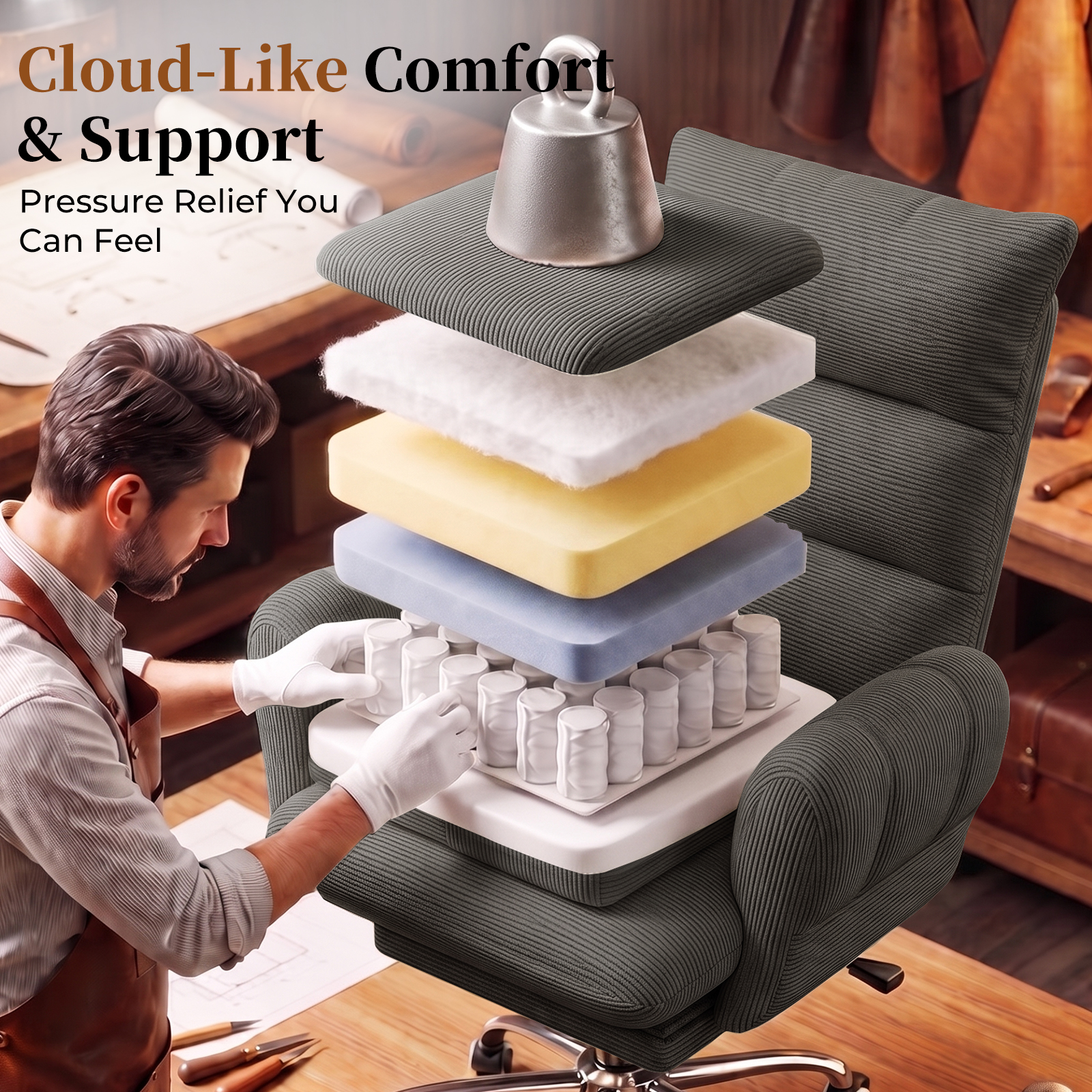 HOMRELEXA Cross Legged Office Chair, Cloud Desk Chair with Flip-Up Arm Rests, Foot rest, Wide Seat, Comfy Executive Ergonomic Computer Gaming Chair, Black