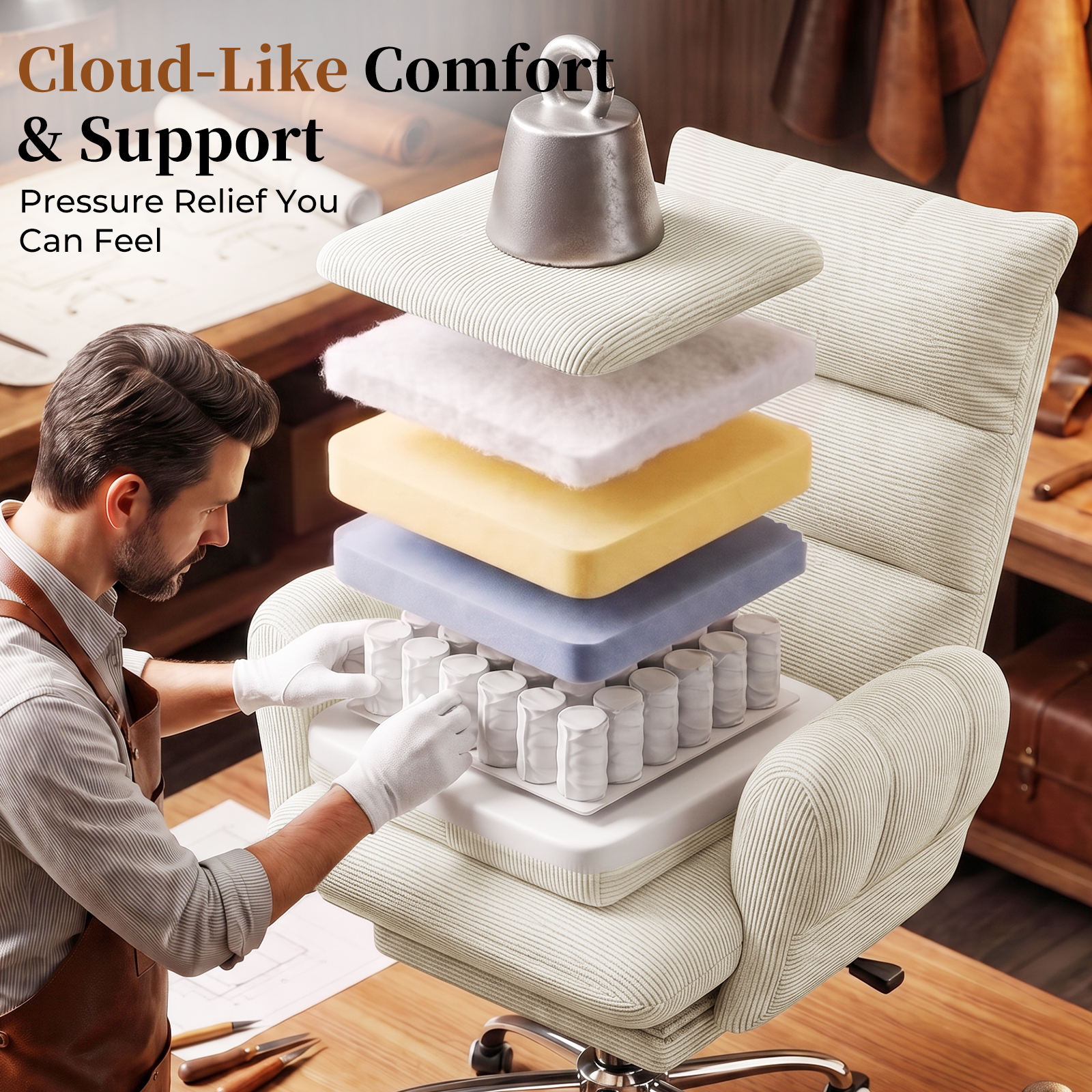 HOMRELEXA Cross Legged Office Chair, Cloud Desk Chair with Flip-Up Arm Rests, Foot rest, Wide Seat, Comfy Executive Ergonomic Computer Gaming Chair, Black