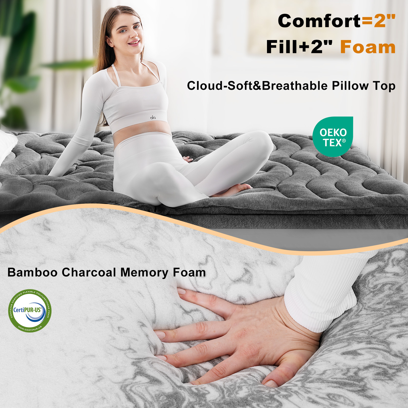 HOMRELEXA Dual Layer 4 Inch Bamboo Memory Foam Mattress Topper Full Size, 2 Inch Thick Soft Quilted Pillow Top Cover Plus 2 Inch Charcoal Gel Memory Foam Mattress Pad for Back Pain Relief