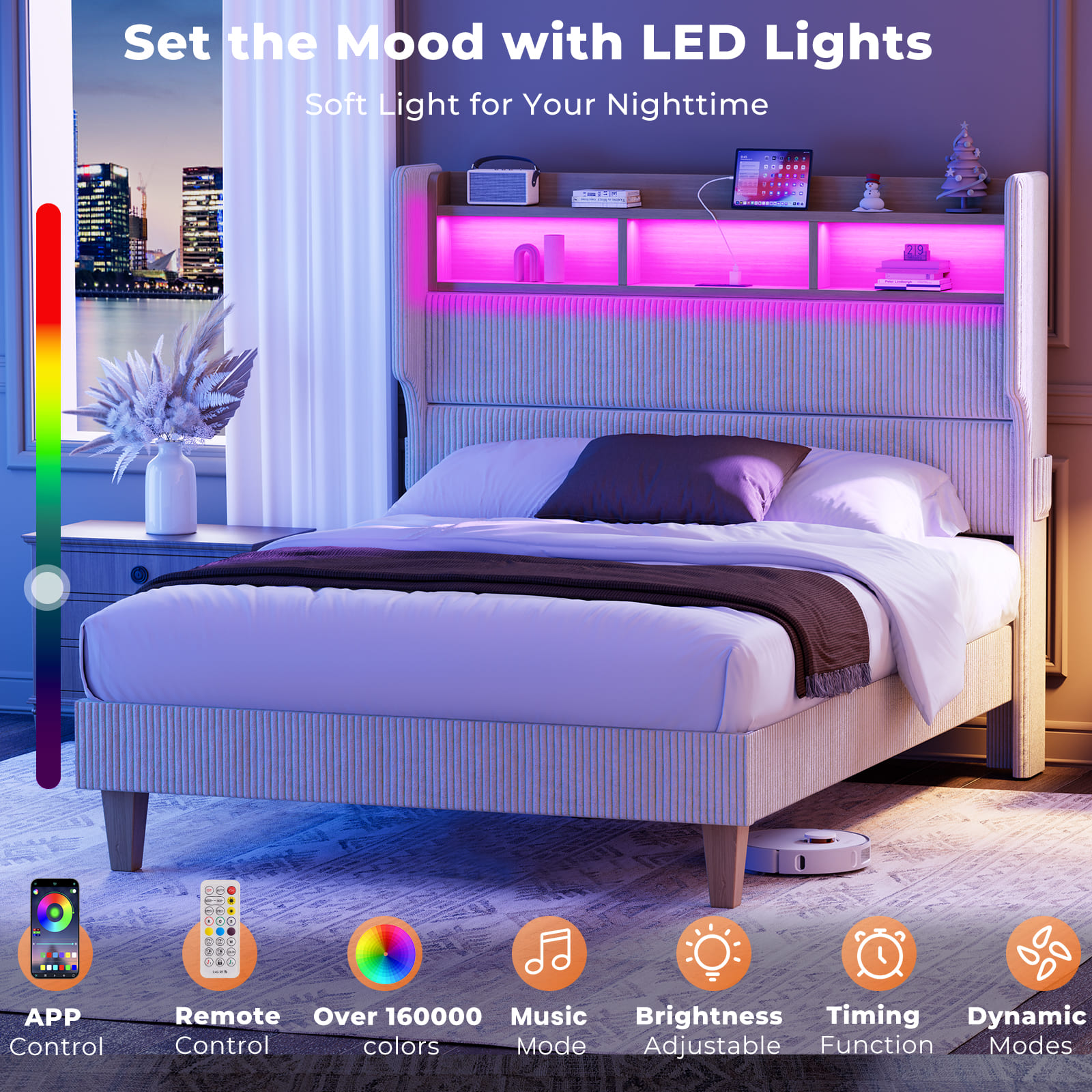 LED Light Headboard with Storage Shelves